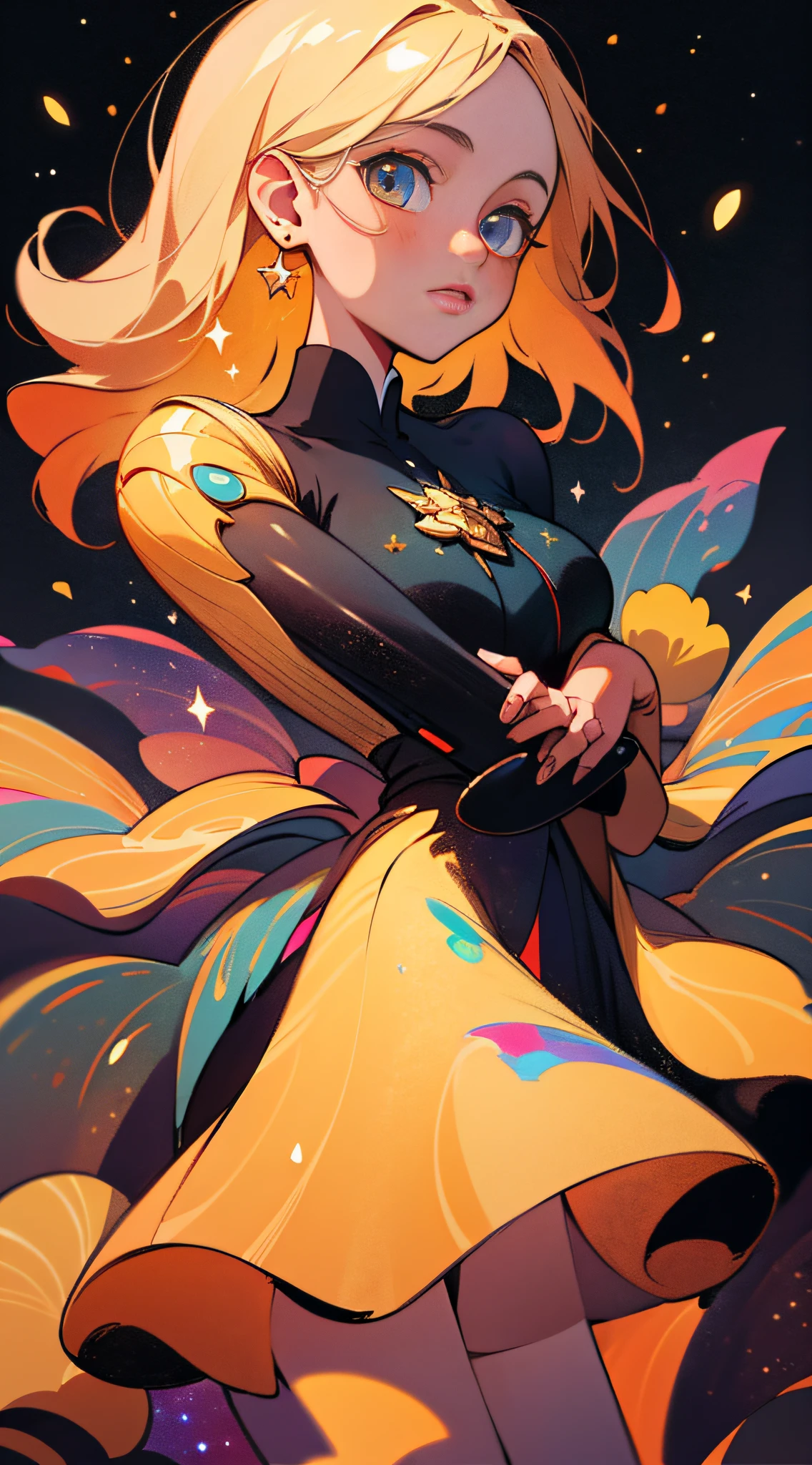 (best quality, masterpiece), 1girl, galaxy, glitter, dress, particle, wind, flower, upper body, dark simple background, looking at viewer, blonde,