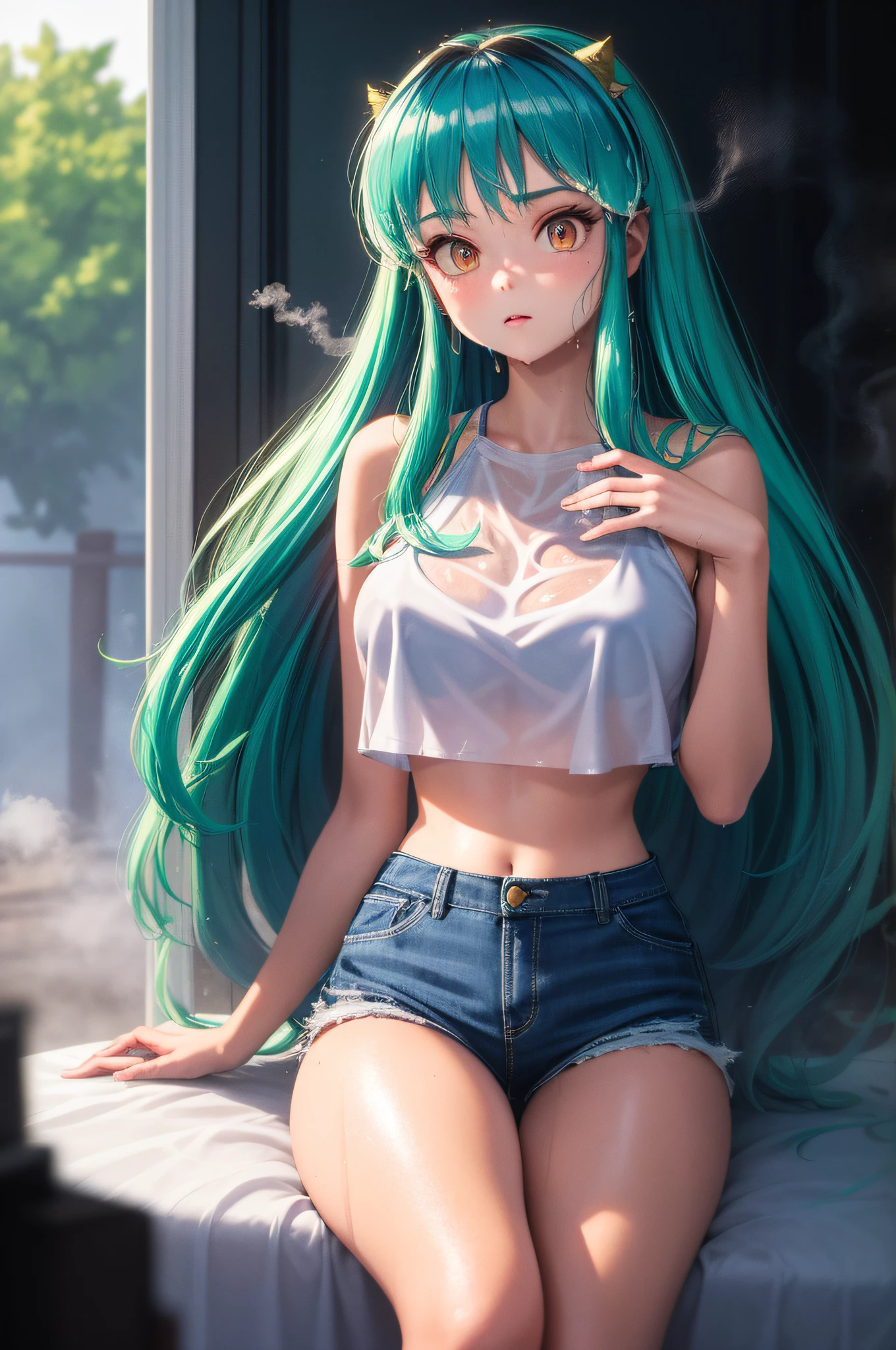 Invasive lum, 1.4)(ultra-detail details, masterpiece, best quality), high resolution, (1 woman), brown eyes, blonde hair, black garter, (using, ((steam: 1.2) (transparent: 1.2) (white: 0.6) (chiffon) (crop top) grabbed (wet: 1.4) skin): 1.2))), bed, provocative pose, open legs, warm tone.