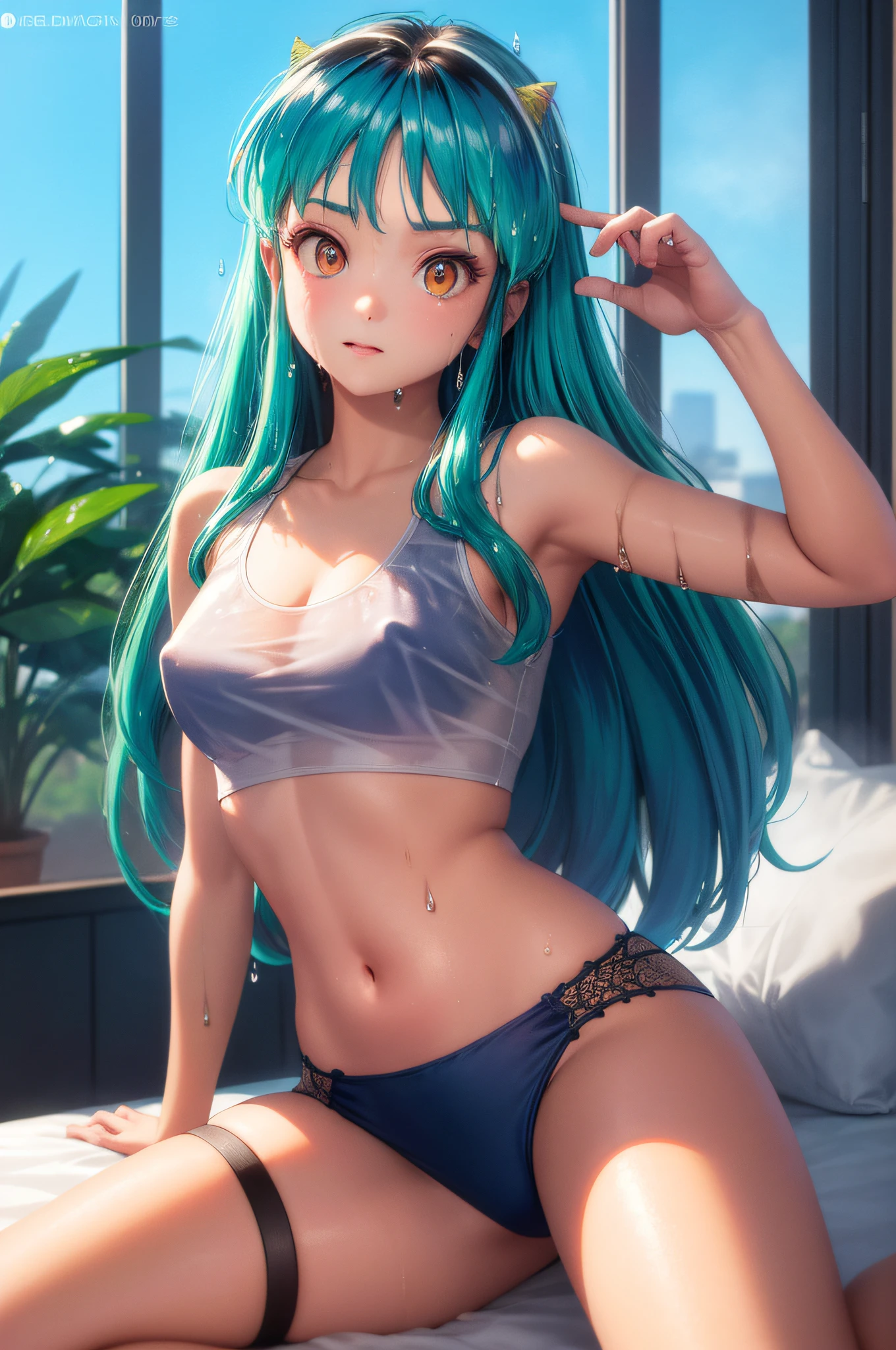 Lum invader,1.4) (ultra-detail details, masterpiece, best quality), high resolution, (1 woman), brown eyes, blonde hair, black garter, (using, ((steam: 1.2) (transparent: 1.2) (white: 0.6) (chiffon) (crop top) grabbed (wet: 1.4) skin): 1.2))), bed, provocative pose, open legs, warm tone.