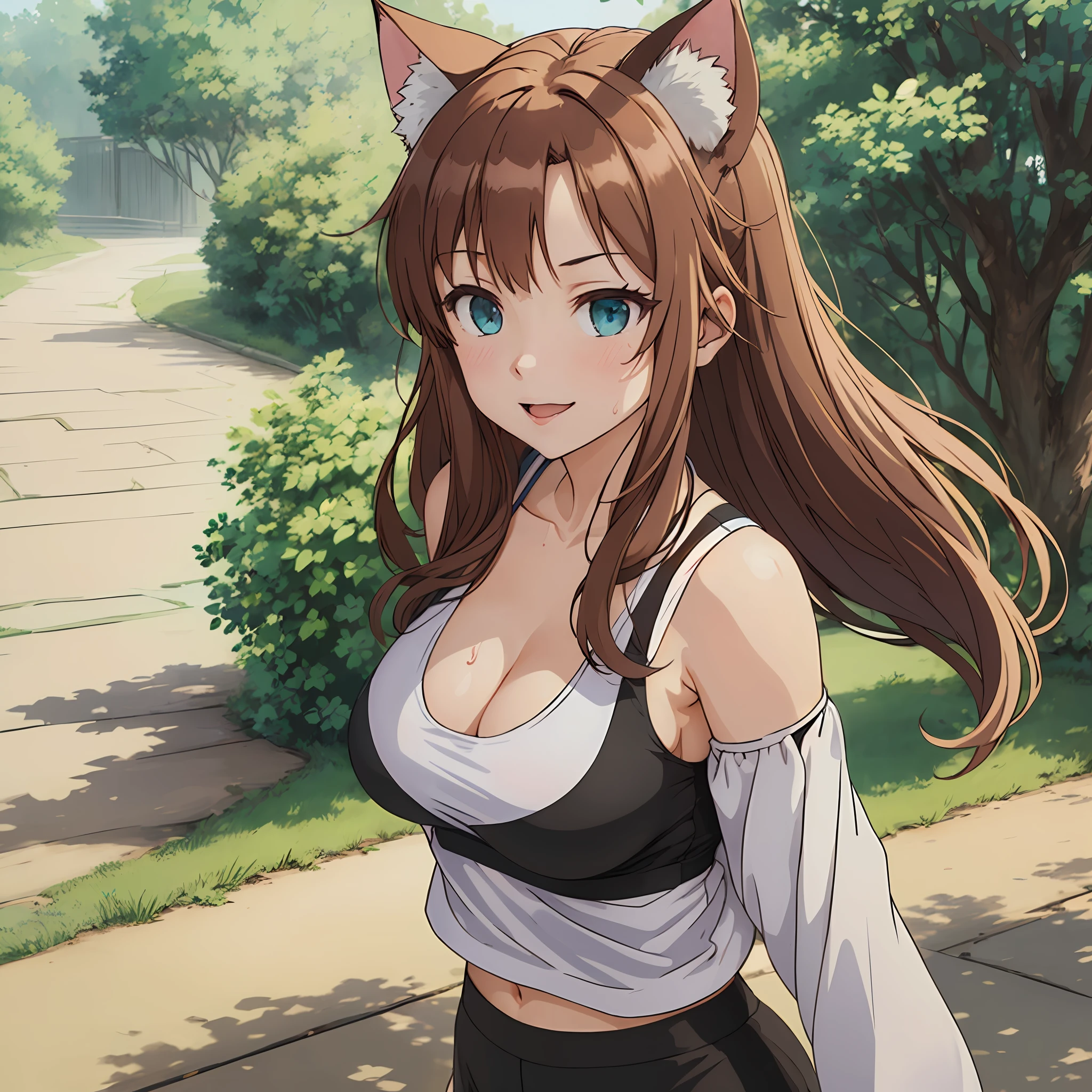 (Super detailed, high resolution, Kyoto animation style anime illustrations, highest quality official art featured: 1.6), beautiful face, eyes, highly detailed body, very detailed hair, nice hands, perfect hands, beautiful hands, (1 girl: 1.4), (Chibi: 0.8), (cute: 1.2), (cute: 1.2), (: 0.5), one girl, cat ears, (big, Looks large cleavage, brown hair, trimmed semi-long hair, long sleeves, looks good: 1.5), (girl running in the park, : 1.4), (dynamic angle, looking away, upper body, wet sports bra, large breasts, body focus: 1.2), (light smile, 17 yown hair, ponytailCat ears, aqua eyes, slender girls), (outside, walking), resting, running, sweating