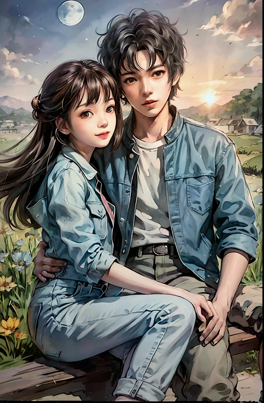 anime couple sitting on a bench in a field of flowers, lovely couple, high quality fanart, couple pose, beautiful drawing style, cute art style, anime cover, manhwa, artwork in the style of guweiz, detailed fanart, trending on artstration, photorealistic!!!!!!! art style, in anime style, boy and girl, cute detailed artwork