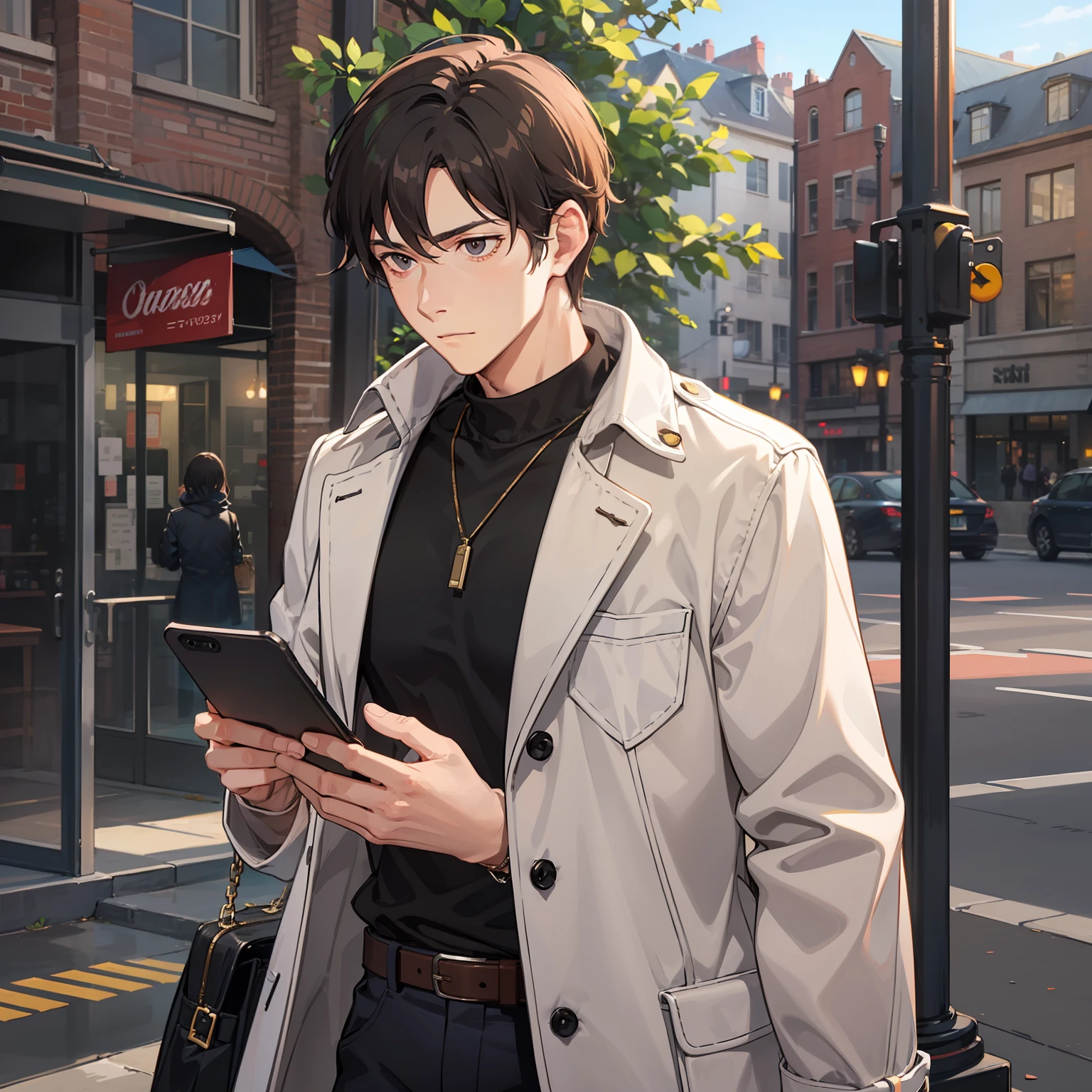 A man in a casual coat looks down at his phone