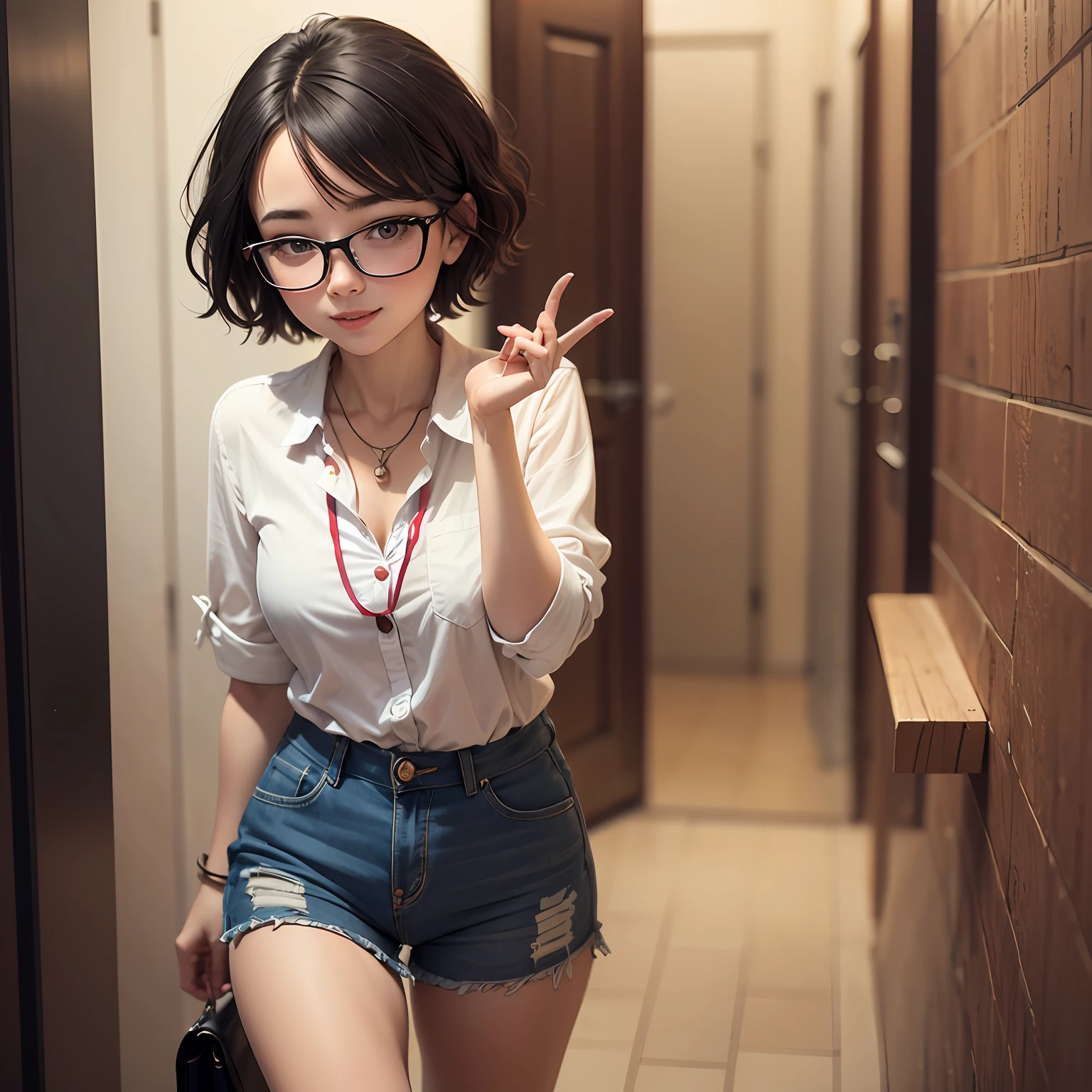 Playful girl with glasses with short hair and a sweet style