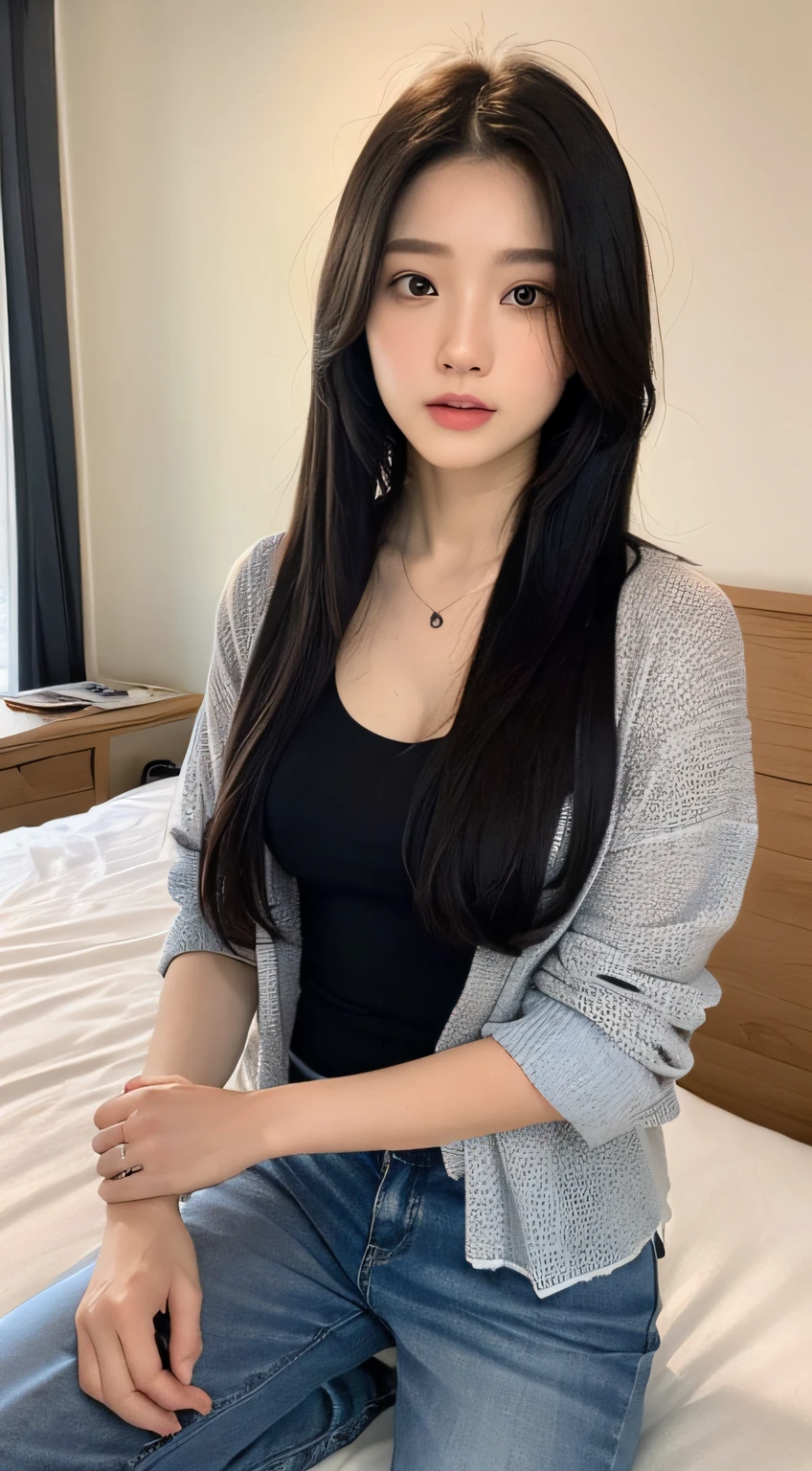 ((Top quality, 8k, Masterpiece: 1.3)), beauty, hidden face, 1 girl, beauty: 1.3, slender abs: 1.1, large men's shirt (loose: 1.4) exposed, full chest, long black hair, (kneeling on bed), ultra-detailed face, highly detailed lips, detailed eyes, double eyelids, strict head and body ratio: 1.5,