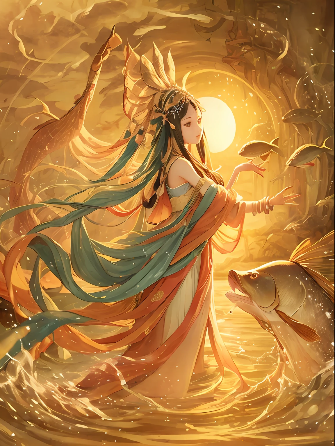 A calm and perfect illustration showing a woman with long hair wearing a headdress interacting with a carp in the water.