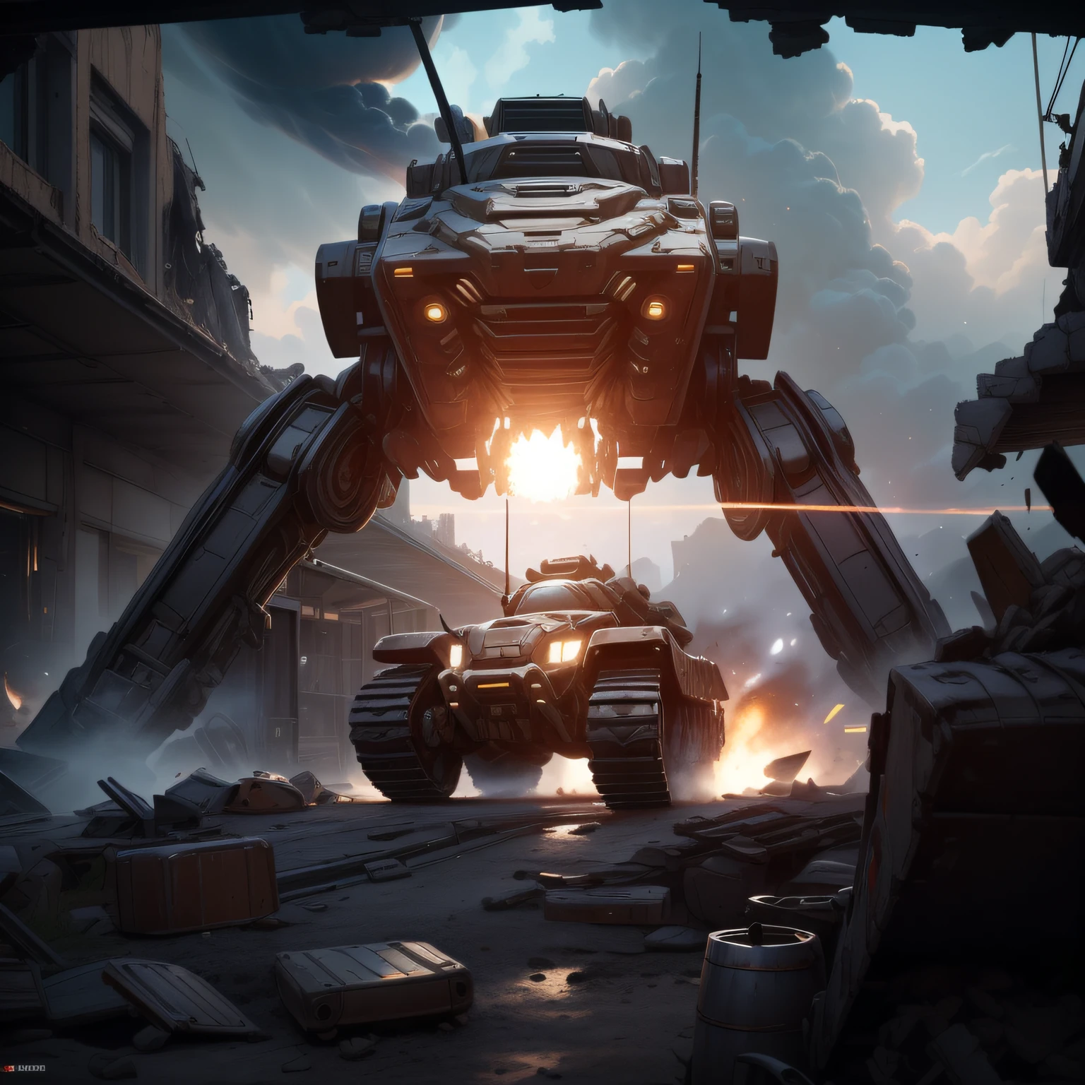 ((Best Masterpiece)), ((Best Quality)), ((Super Detail)), ((Ultra Realistic)), 3D, (((Dim Screen)), ((Very Delicate and Beautiful)),Cinematic Light, ((High Contrast)),Perfect Composition, Professional Quality, Unreal Engine, quadrupedal tank with thick mechanical legs, futuristic tank, dark gray tank, tank with two long and thick barrels, tank on a large wilderness battlefield, barbed wire, the wreckage of destroyed combat vehicles is scattered around, blast gouged hole, explosion in the distance, black smoke,