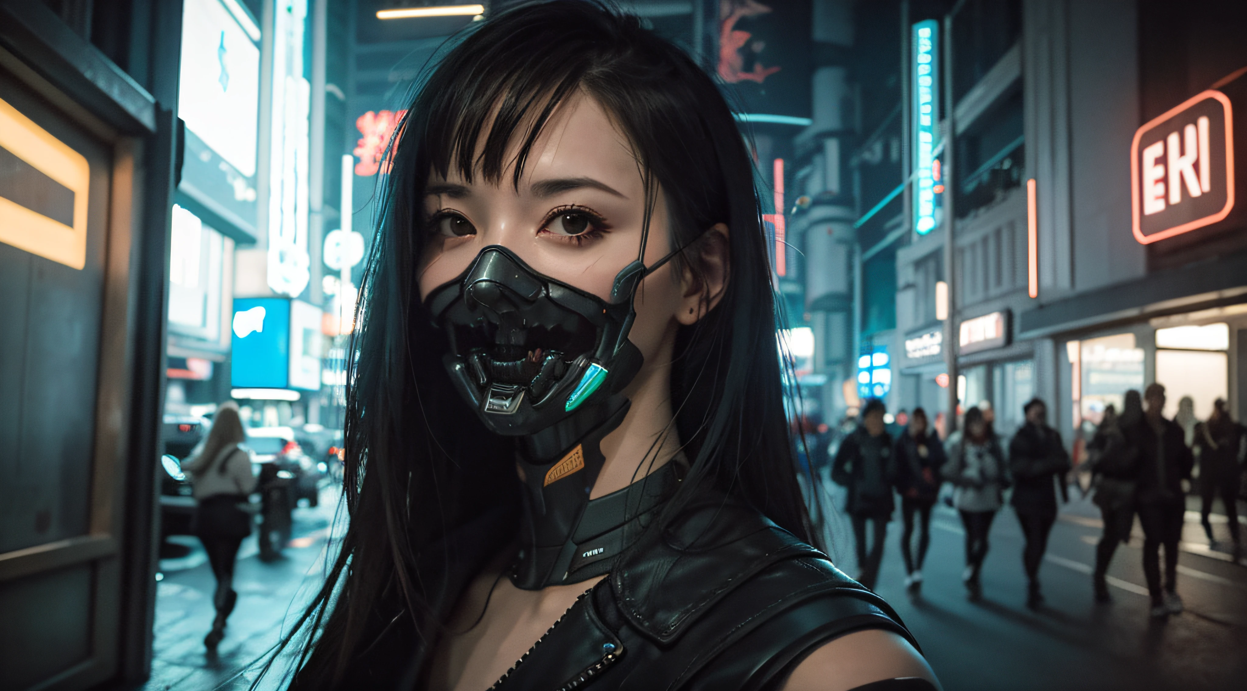 (photorealistic:1.4), (best quality:1.0), (ultra highres:1.0), 8k, RAW photo, (masterpiece:0.2), upper body,
Cybernetic_Jawless, mask, mechanical parts, cybernetic, 1girl, asian, black eyes, black hair, (long hair:1.2) with bangs,
(cyberpunk street:1.2), neon lights,
