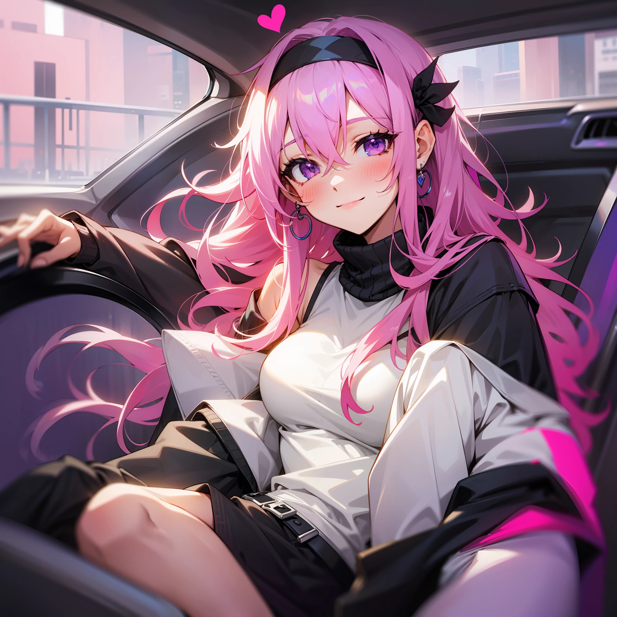 1 girl sitting in car, jewelry, smile, inside of car, pink hair, purple eyes, steering wheel, blush, long hair, white shirt, off shoulder, black jacket, hair between eyes, long sleeves, wrist headband