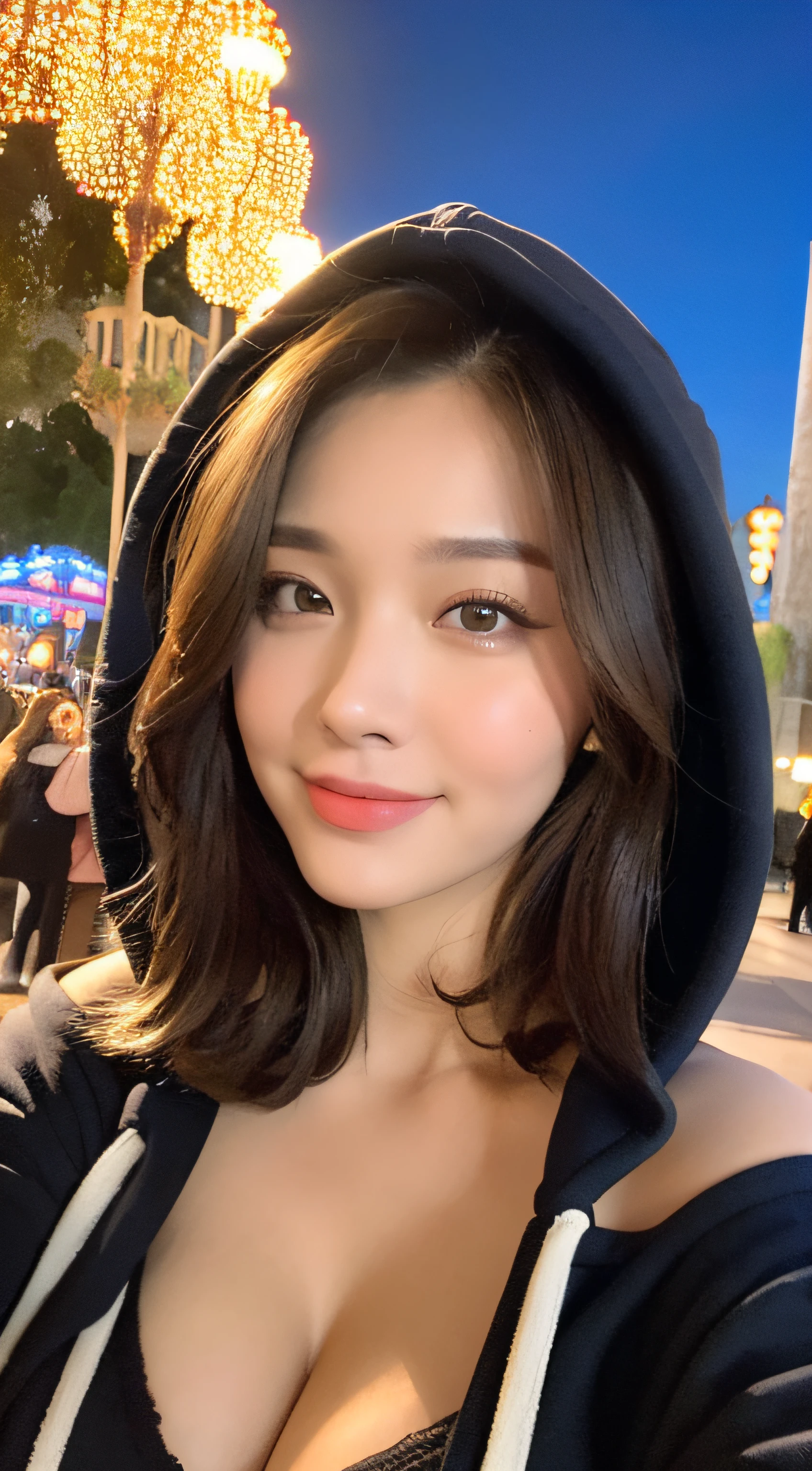 ((Night Scene, Realistic Light, Best Quality, 8k, Masterpiece: 1.3)), 1 Girl, Slim Body Beauty: 1.4, Brown Hair, (((Super Big: 1.3)), Off-Shoulder Cut Top: 1.3, Ultra Detailed Face, Detail Eyes, Double Eyelids, Disneyland, Fountain, Castle, Fireworks, Smile, Cleavage, Saggy, ((Saggy Breasts)), (((Beauty)), Couse Even with my hoodie on,