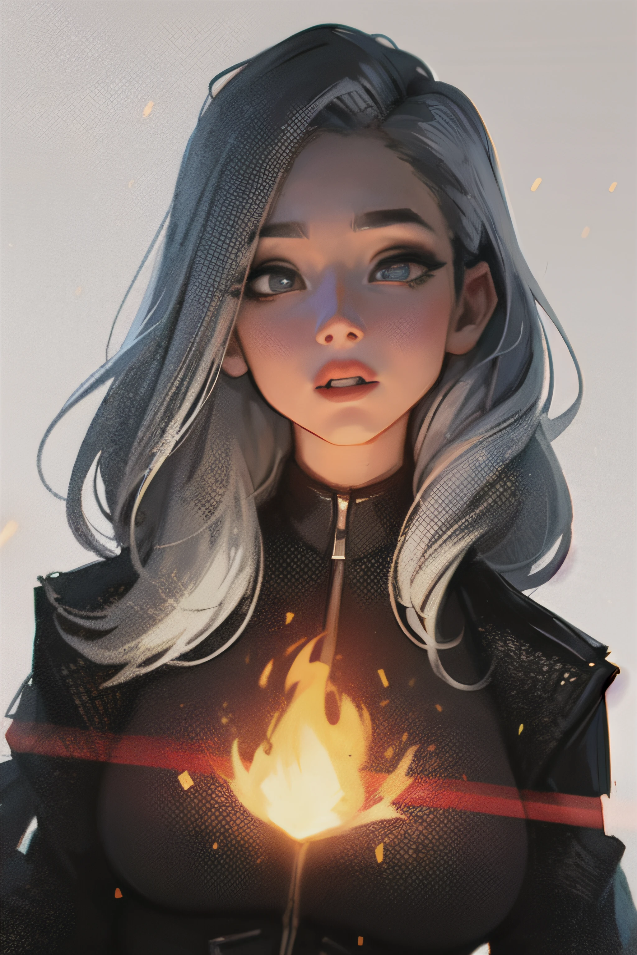 Sam Yang, 1girl, ENFJ character, Female named Natasha, (Natasha face:1), beautiful face, perfect skin, beautiful detailed girl, ((braces)), detailed fingers, extremely detailed eyes and face, upper body, silver hair, long hair, x-shaped pupils, pout, Square face shape, very detailed eyes, red streaks in the outfit, Portrait, Eye-Level Shot, cinematic lighting, depth of field, Volumetric light, depth, fire magic particles, ((Masterpiece)), UHD, 8k, high quality, best quality, anatomically correct,