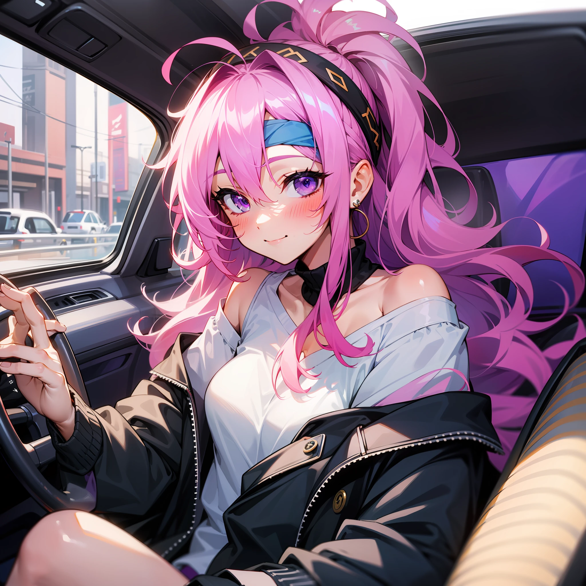 1 girl sitting in car, jewelry, smile, inside of car, pink hair, purple eyes, steering wheel, blush, long hair, white shirt, off shoulder, black jacket, hair between eyes, long sleeves, wrist headband