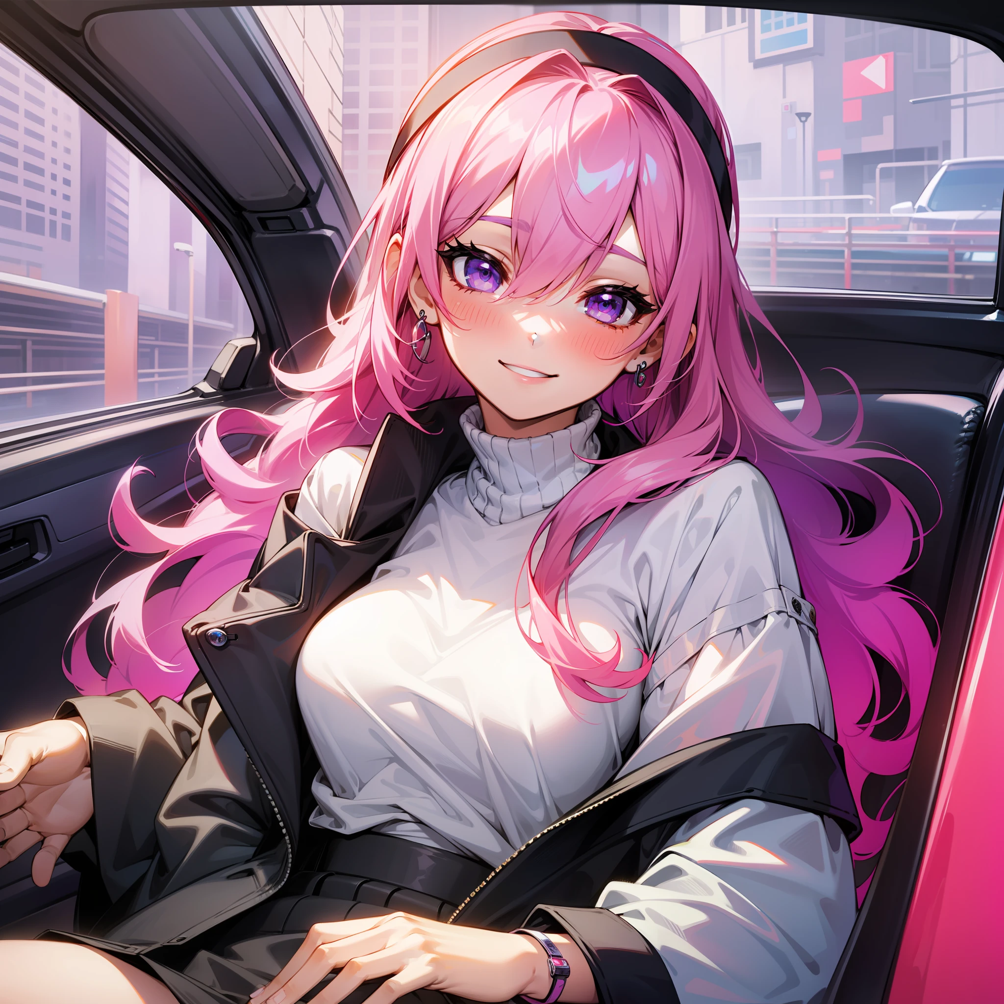 1 girl sitting in car, jewelry, smile, inside of car, pink hair, purple eyes, steering wheel, blush, long hair, white shirt, off shoulder, black jacket, hair between eyes, long sleeves, wrist headband