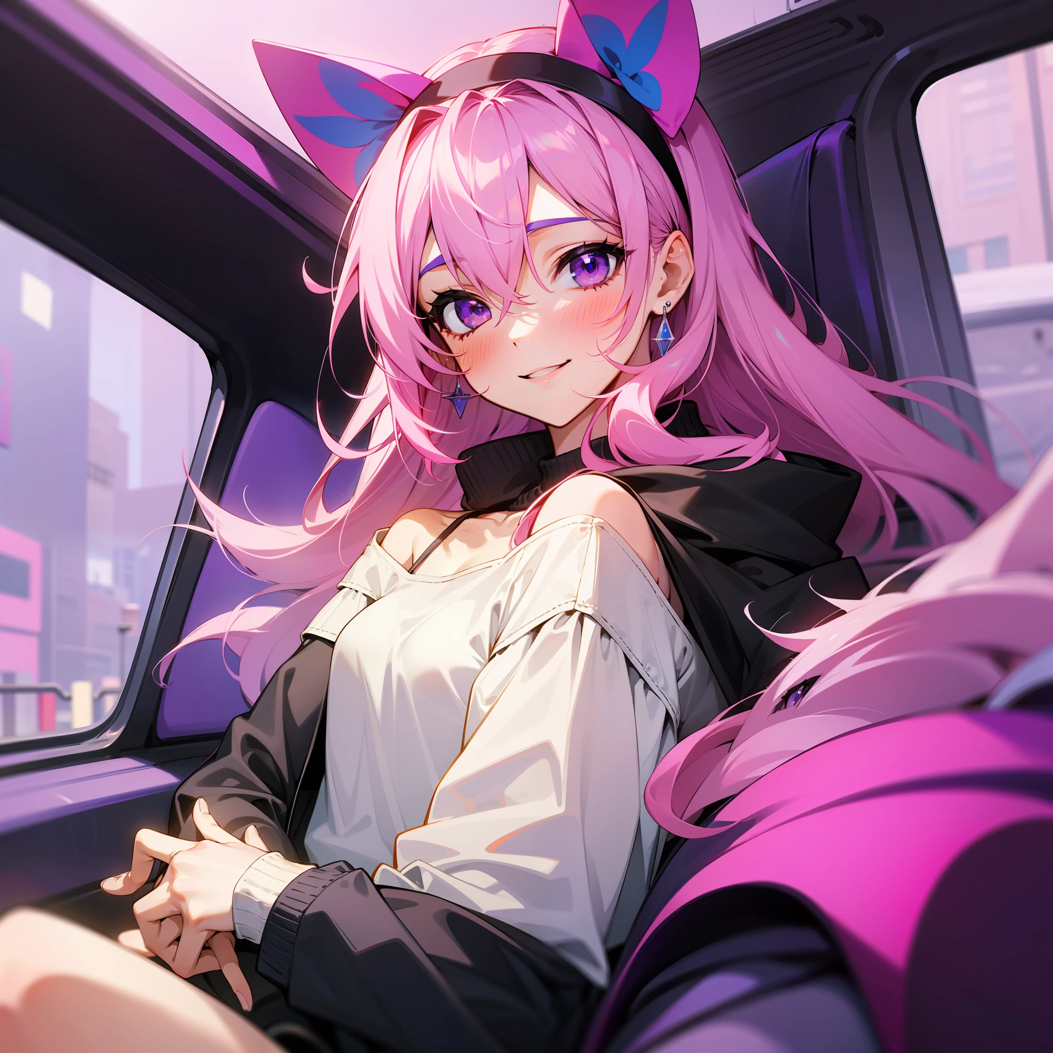 1 girl sitting in car, jewelry, smile, inside of car, pink hair, purple eyes, steering wheel, blush, long hair, white shirt, off shoulder, black jacket, hair between eyes, long sleeves, wrist headband