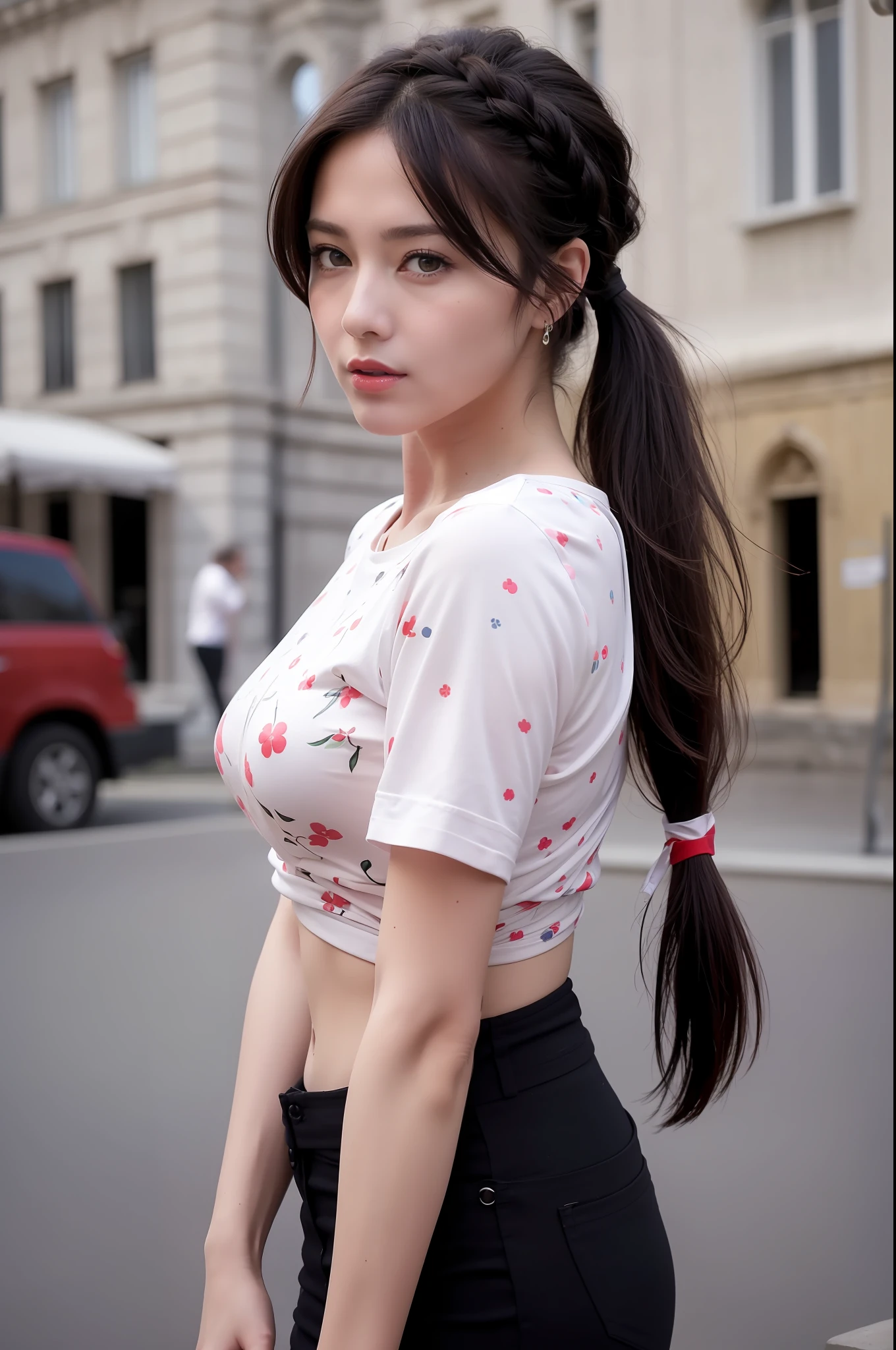 1 girl,(Piazza dei Miracoli background,crowd,crowd),navel,1 18-year-old girl),(upper body:1.2),(medium breasts),upper body,(realistic:1.7),((best quality)),absurdres,(ultra high res),(photorealistic:1.6),photorealistic,octane render,(hyperrealistic:1.2), (photorealistic face:1.2), (8k), (4k), (Masterpiece),(realistic skin texture), (illustration, cinematic lighting,wallpaper),( beautiful eyes:1.2),((((perfect face)))),(standing),(looking at viewer:1.2),(cute),(black hair),(braided ponytail:1.1),(bow hairband),(printed t-shirt:1.2),(red lips:1.1),outdoors,