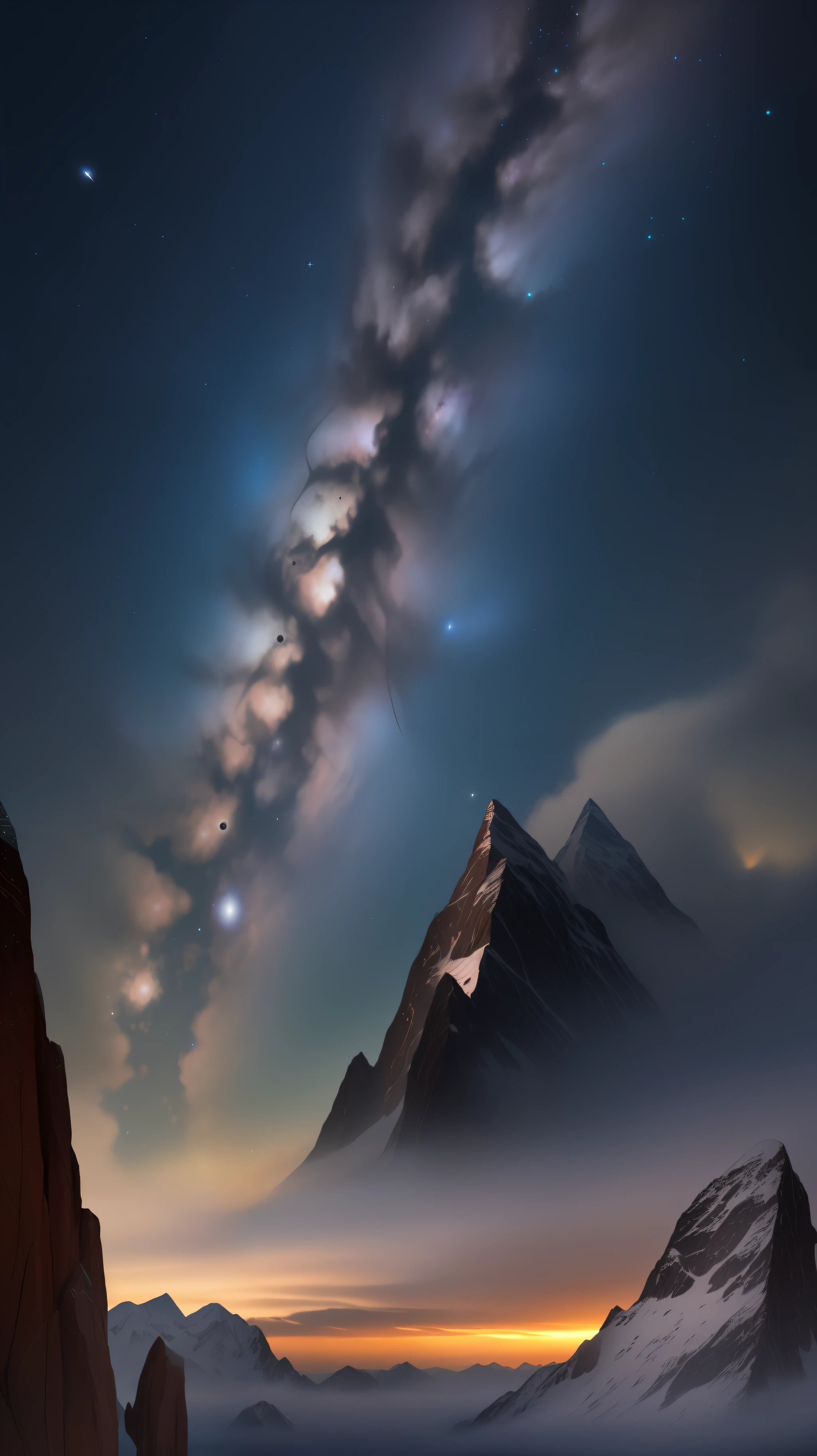 Immerse yourself in the beauty of the Milky Way and majestic mountains with this perfectly cropped wallpaper for your phone's 9 x 16 display. Experience the awe-inspiring essence of the cosmos and nature in this vertical composition. Marvel at the intricacies of the starry night sky and the ethereal glow of the galaxy casting a gentle luminosity upon the mountains. Every detail is rendered with precision, from the majestic peaks to the serene valleys. Carry this breathtaking wallpaper with you and be captivated by the harmonious convergence of the Milky Way and nature's magnificence.