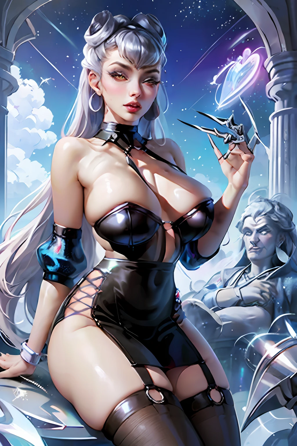 Akali, low neckline, fleshy thighs, ultra-detailed face, C-cups, pronounced curves, dreamy, best quality sexy cheongsam, sagging chest, sexy plump, cute, fleshy thighs, magic jungle, colorful colors, HD, best quality, light and shadow balance, sky, sky, starry, bright starlight