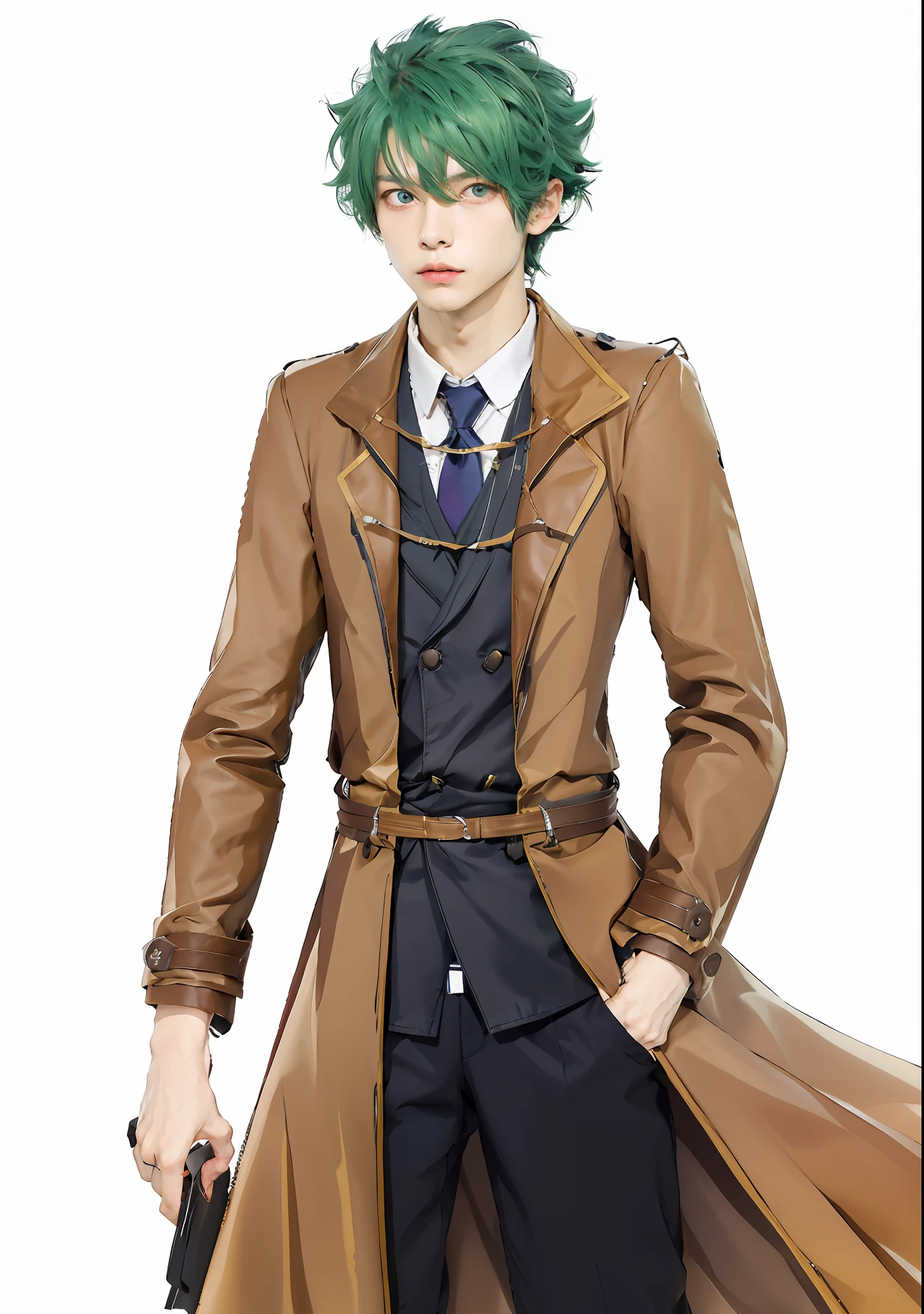 anime character with green hair and a brown coat, inspired by Hisui Sugiura, inspired by Okumura Masanobu, ( ( wearing a long coat ) ), he is wearing a trenchcoat, official character art, inspired by Okumura Togyu, tall anime guy with blue eyes, single character full body, ((wearing aristocrat robe))