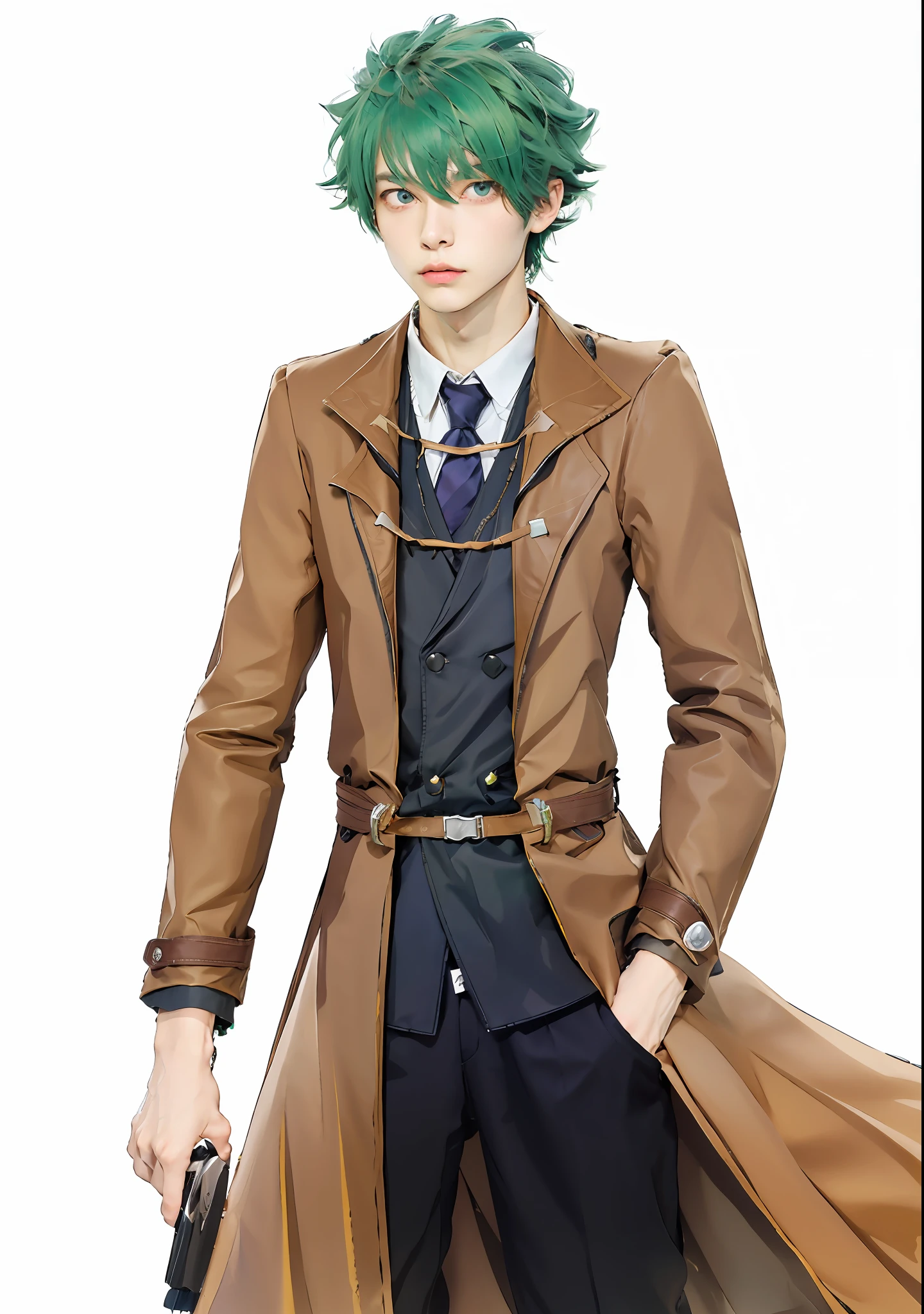 anime character with green hair and a brown coat, inspired by Hisui Sugiura, inspired by Okumura Masanobu, ( ( wearing a long coat ) ), he is wearing a trenchcoat, official character art, inspired by Okumura Togyu, tall anime guy with blue eyes, single character full body, ((wearing aristocrat robe))