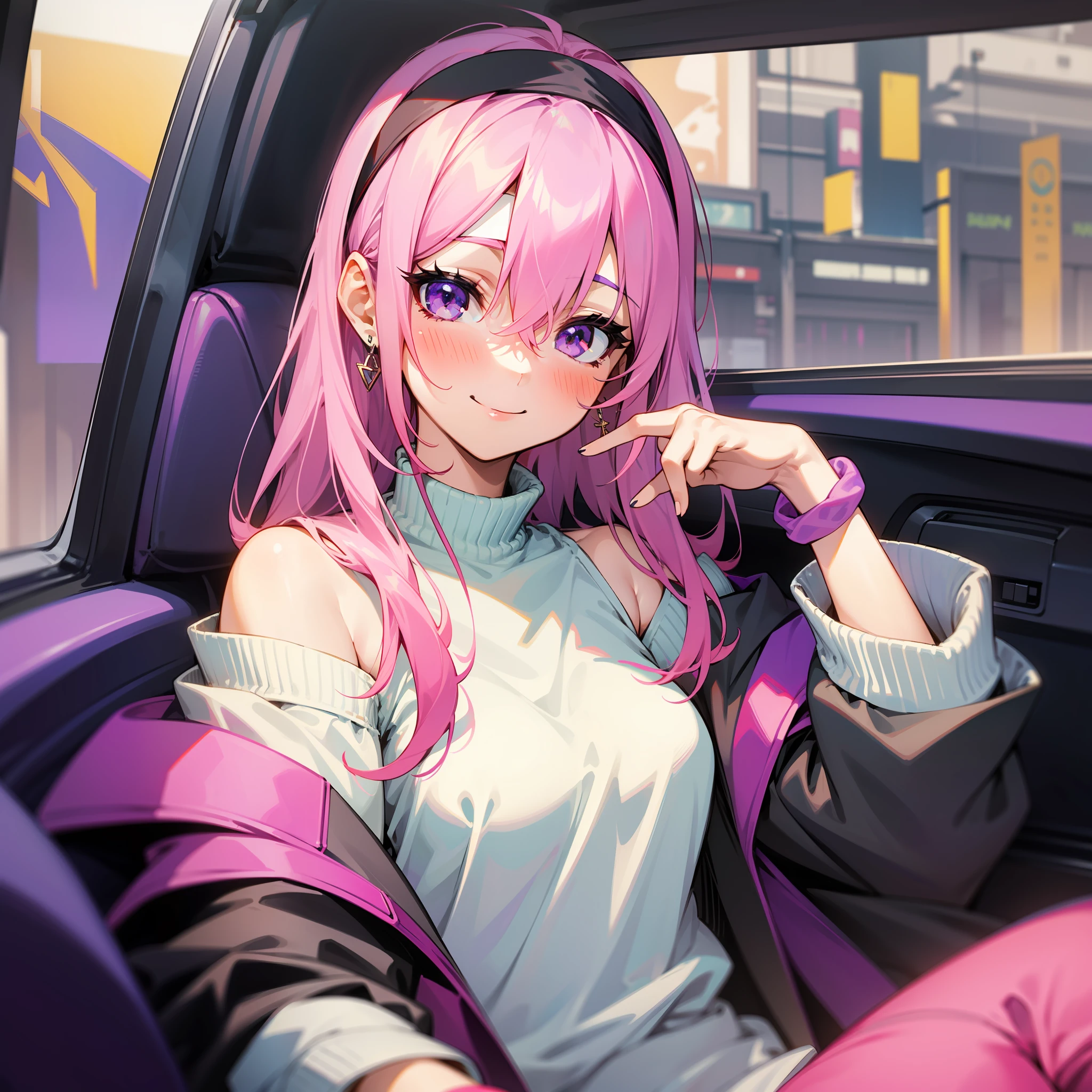 1 girl sitting in car, jewelry, smile, inside of car, pink hair, purple eyes, steering wheel, blush, long hair, white shirt, off shoulder, black jacket, hair between eyes, long sleeves, wrist headband