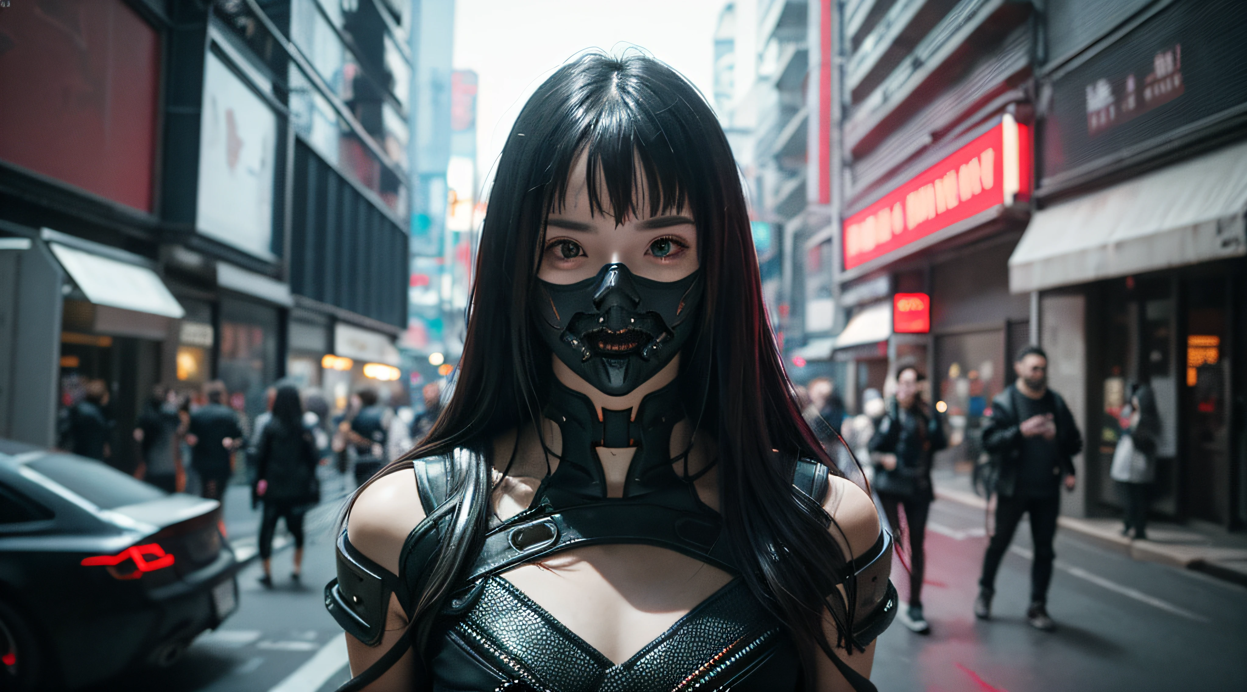 (photorealistic:1.4), (best quality:1.0), (ultra highres:1.0), 8k, RAW photo, (masterpiece:0.2), upper body,
Cybernetic_Jawless, mask, mechanical parts, cybernetic, 1girl, asian, black eyes, black hair, (long hair:1.2) with bangs,
(cyberpunk street:1.2), neon lights,