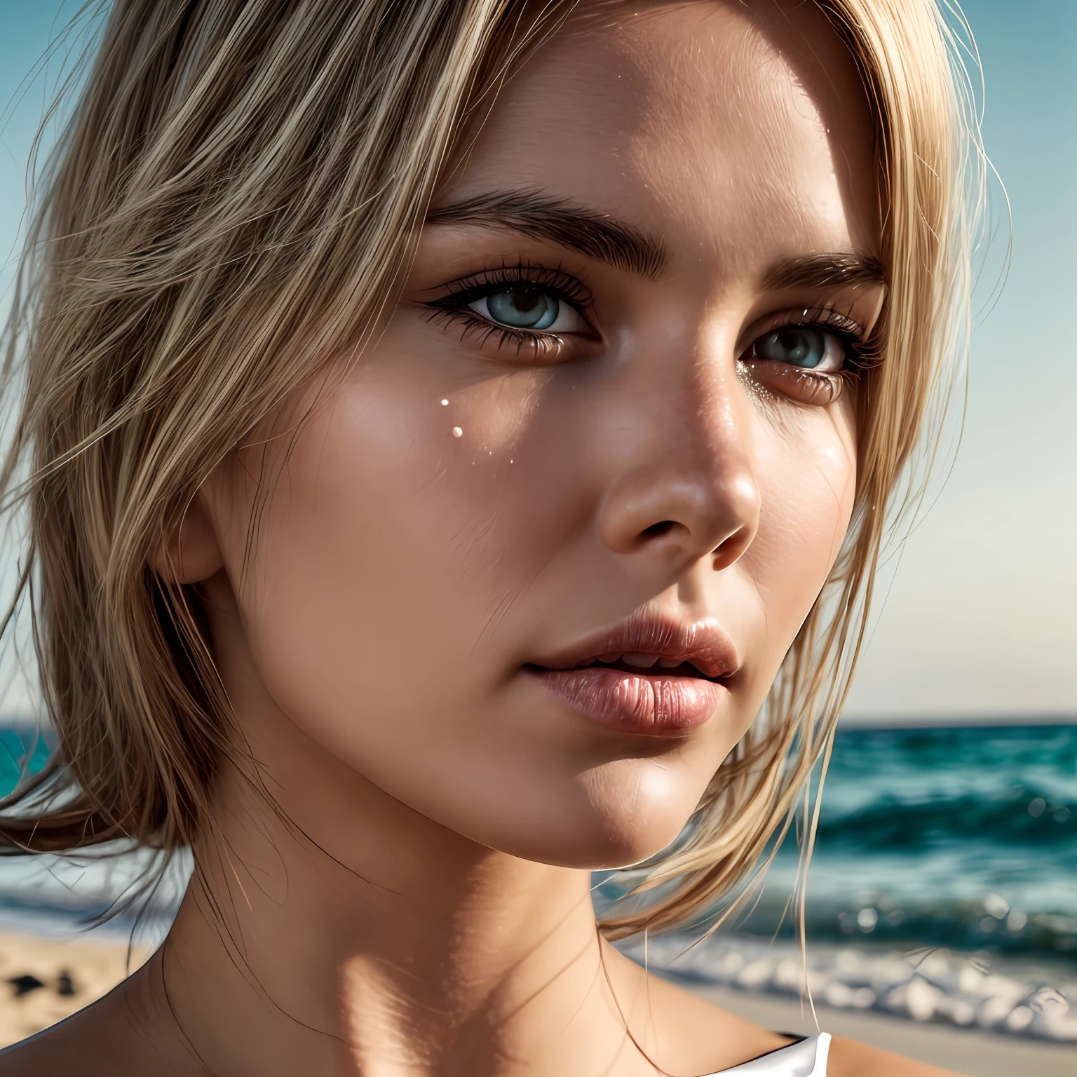 A beautiful blonde woman walking by the beach detailed alluring eyes, long sexy legs, exquisite detail, sharp-focus, intricately-detailed, award-winning photograph, small-catchlight, low-contrast, high-sharpness, facial-symmetry, depth-of-field, cinematic background, unreal engine render, center image, dream-like, softly lit, intimate, (finely detailed skin), skin pale, realistic skin texture, extreme skin details, (pores: 0.1),photorealistic, hyperrealistic, detailed, 8k, HDR, (Soft Color: 1.2), shallow depth of field, wide light, high contrast, backlight, bloom, light flare, chromatic aberration, sharp focus, RAW color photo