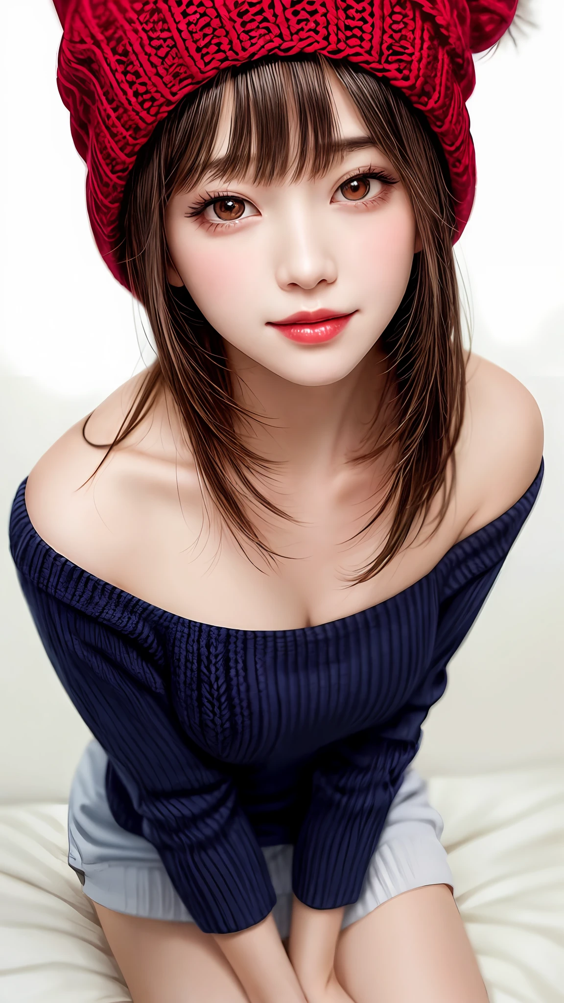 Pee (incontinence: 1.47), fashion trendy beautiful and attractive woman, gentle and attractive Chinese beautiful woman, Korean (kpop idol), delicate and sexy collarbone, attractive oval face, double eyelids, smart [peach] flower eyes, pink lips, small nose, bare shoulders, focus on face, [[face close-up], ultra high definition, super detail, White off-shoulder lace shirt, (((white lace panties), fresh and impressive, natural (large: 1.25), (kneel on the ground), (legs wide open), (legs spread), (from a low angle), (upright 1.5), (shiny skin: 1.4), (low angle)), perfect figure, areola, cleavage, armpit wrinkles, (floor urine)), (NSFW: 1.05), ( Showpiece, top quality, high precision)), one girl, (big, photorealistic: 1.4), (slightly above the camera, looking up at the camera, looking up, looking up at the camera, staring at the camera))), solo, solo, white background, snow-white background, mouth closed, happy smile, pretty black hair, short hair, big eyes, pronounced double eyelids, eyelashes, ears out, long neck, long neck, Absolute area, ((close-up of face, short hair with bangs)), 19 years old, attractive proportions, shiny skin, clean collarbone, golden ratio face, perfect face, teardrop mole, chest mole, bangs, clean bangs, beautiful bangs, lip gloss, thin lips, white skin, undressed, big breasts, small face, staring at the camera a little upwards, ((smiling a little at the camera, really nothing pure white backgroundBig big, big breasts, very big)), ((((uniform, shirt, knitted hat)))