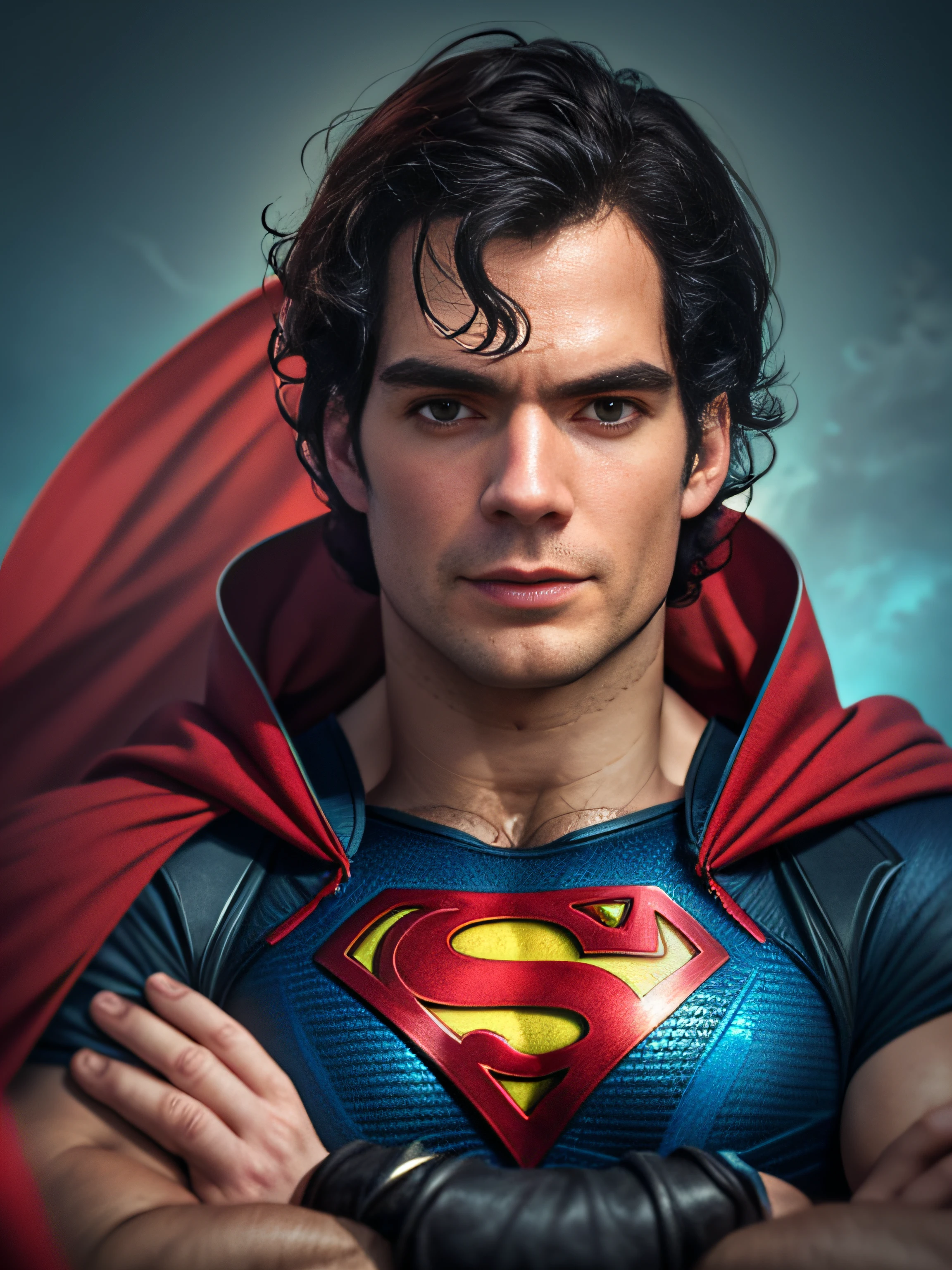 Top quality, 8K, surreal, 1 person, solo, Henry Cavill as Superman, 35 years old, suit with all blue and red details, bare hands, big red S symbol on chest, red cape, hair covering forehead, short hair, neat hair, tall, manly, burly, muscular, wide shoulders, straight face, black hair, best quality, high resolution: 1.4, masterpiece, detailed face, upper body shot, crossed arms, front portrait, bright background
