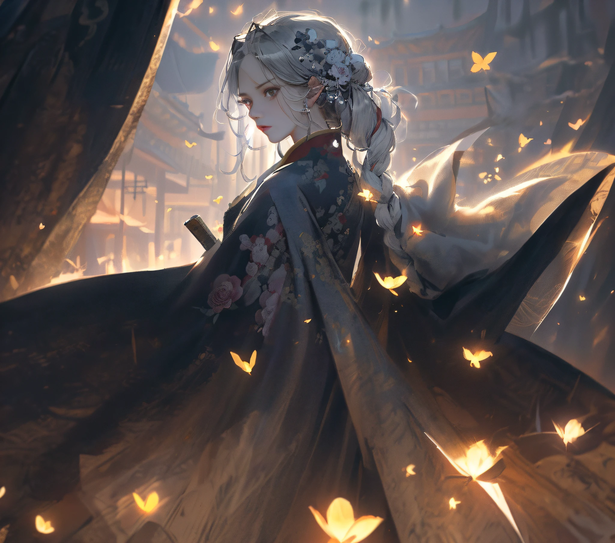 Best quality, masterpiece, most of the body, (background: garden), (1 girl, mature woman), (chinoiserie, ancient Chinese, sister, dancer, dark brown hair, dark hair, princess cut, twisted braid, curly hair, double ball head, coiled hair, streamer, pale pink lips, calm, intellectual, purple eyes, tassels, silver thread, beading, peony flowers, robe, cloak, silk skirt, embroidery, delicate face), close-up, light-colored clothes, pretty face, realistic, edge lighting, two-tone lighting, ( High Detail Skin: 1.2), 8k UHD, SLR, Soft Light, High Quality, Photo, High Resolution, 4K, 8K, Guvez style artwork, Yang J, Qu Leilei, Li Song, Authors: Song Xu, Yang Jin, Zhong Fenghua, Gu Viz, Fan Qi, Shi Tao