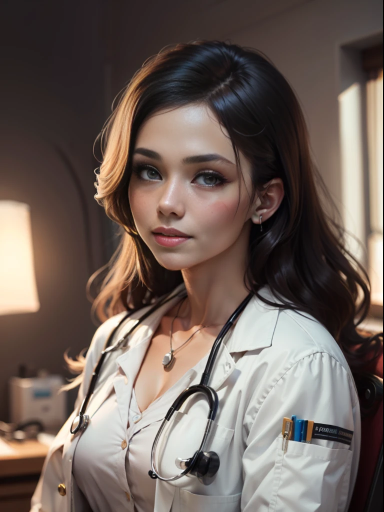 A beautiful female doctor in a white coat, Wearing a stethoscope in a medical laboratory, smile, parted lips, Eye-Level Shot, f/1.2, 135mm, Nikon, cinematic lighting, chiaroscuro, backlighting, drop shadow, film grain, Classicism, Hyperrealism, anatomically correct, textured skin, super detail, high details, high quality, award winning, best quality, highres, 16k, masterpiece, masterpiece, masterpiece, UHD