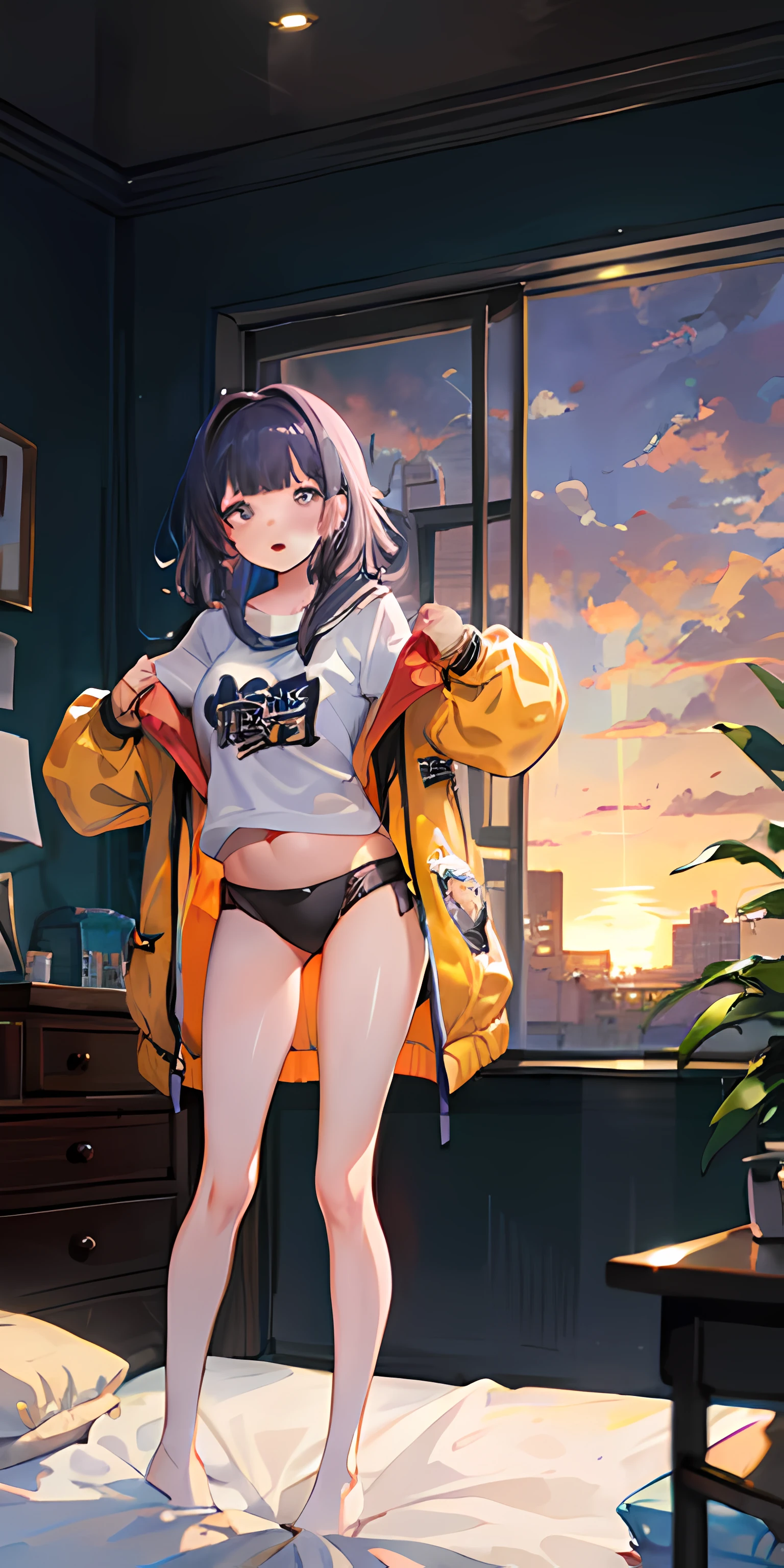 anime girl in underwear standing on bed in bedroom with city view, anime style 4 k, ilya kuvshinov. 4 k, best anime 4k konachan wallpaper, seductive anime girl, ilya kuvshinov landscape, 4 k manga wallpaper, ilya kuvshinov style, high detailed official artwork, 4k anime wallpaper, ((sunset))