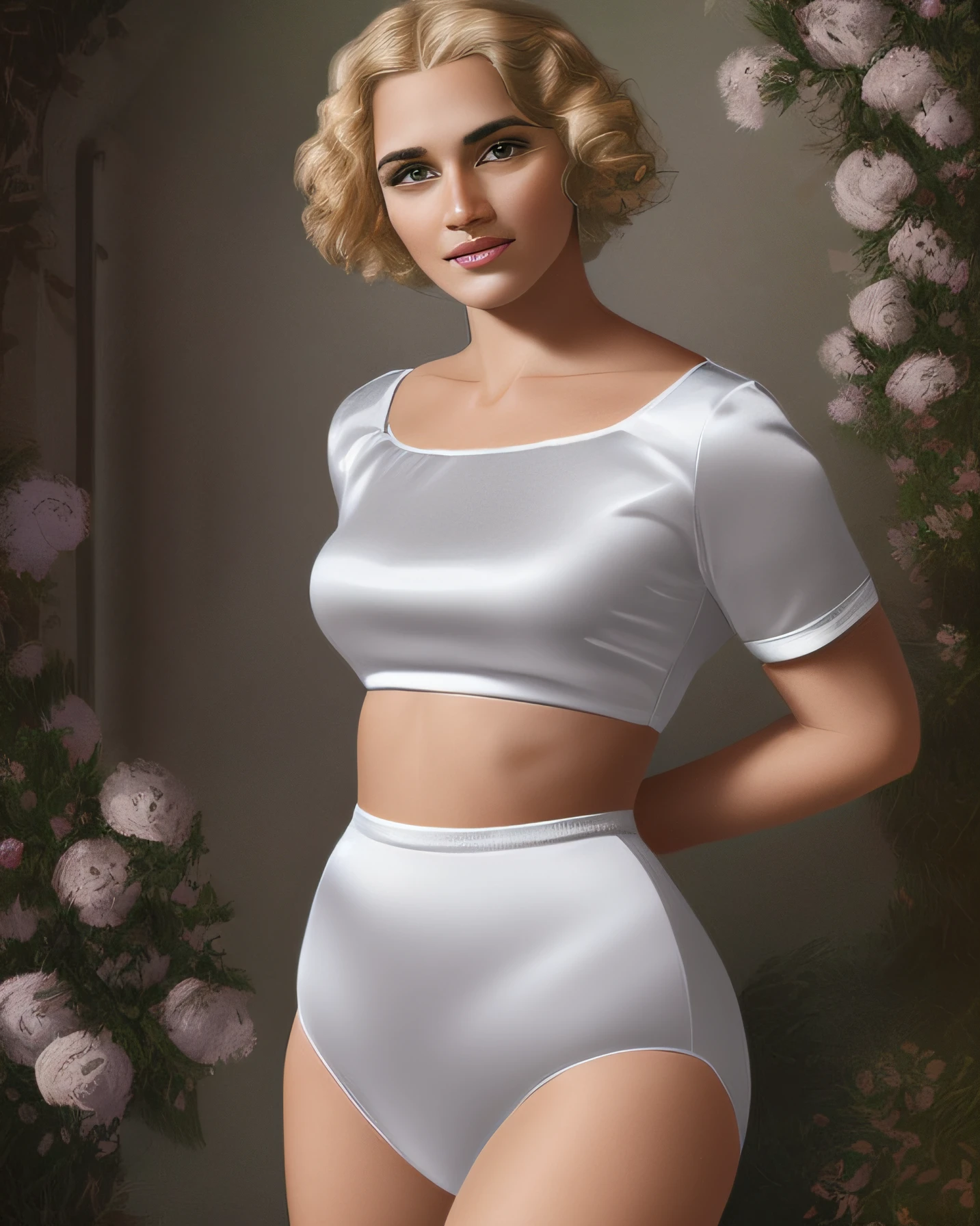 Curly short haired blonde woman, in white satin top, and white satin panties, realistic art style, intricate details