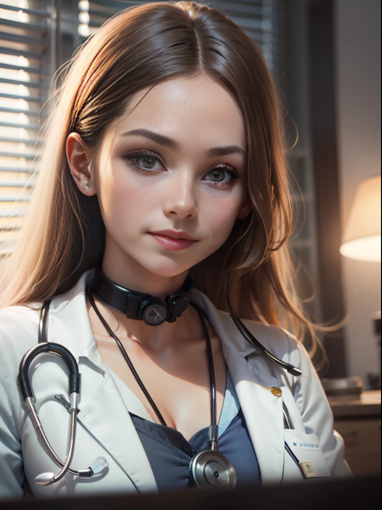 A beautiful female doctor in a white coat, Wearing a stethoscope in a medical laboratory, smile, parted lips, Eye-Level Shot, f/1.2, 135mm, Nikon, cinematic lighting, chiaroscuro, backlighting, drop shadow, film grain, Classicism, Hyperrealism, anatomically correct, textured skin, super detail, high details, high quality, award winning, best quality, highres, 16k, masterpiece, masterpiece, masterpiece, UHD