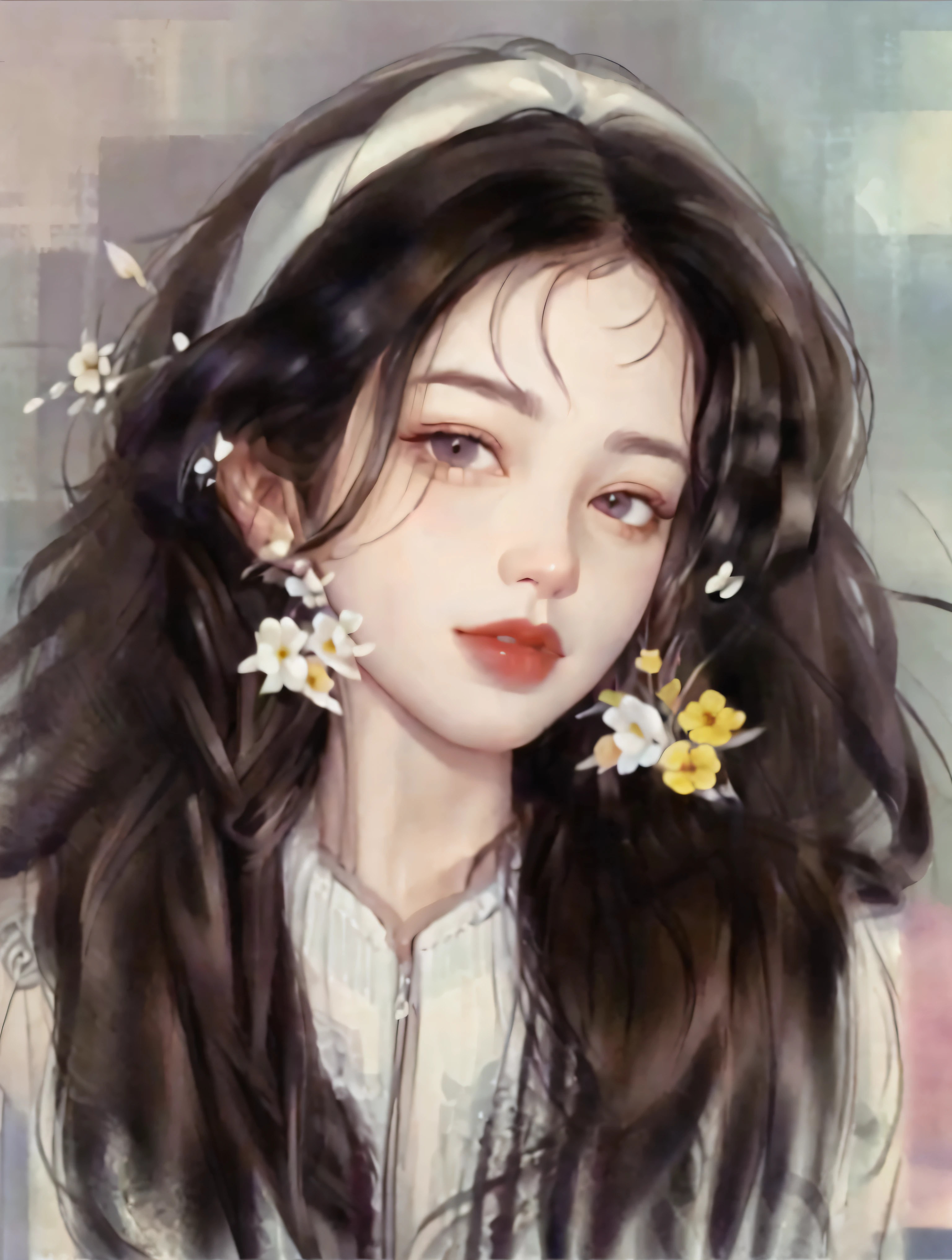 painting of a woman with flowers in her hair, artwork in the style of guweiz, in the art style of bowater, guweiz, detailed portrait of anime girl, cute portrait, beautiful anime portrait, digital anime illustration, kawaii realistic portrait, beautiful digital illustration, by Yang J, realistic cute girl painting, beautiful character painting, guweiz masterpiece