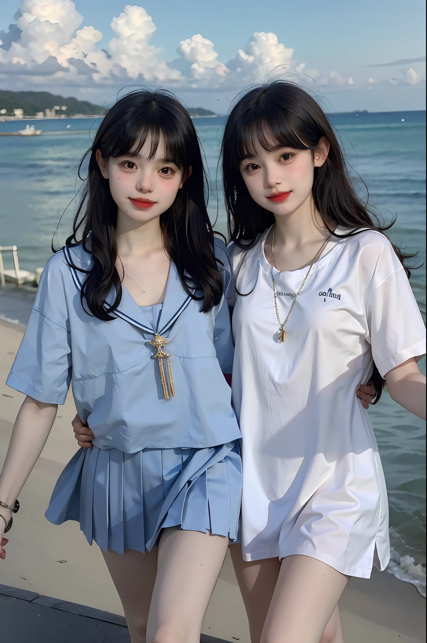 (8k, best quality, masterpiece: 1.2), (realistic, realistic, photorealistic: 1.37), 2 girls, ultra detail, beautiful detail eyes, beautiful detail nose, (((2girls))), short sleeve sailor suit, pleated short skirt, 7 points photo, beach, seaside, smile, twins, walking pose
