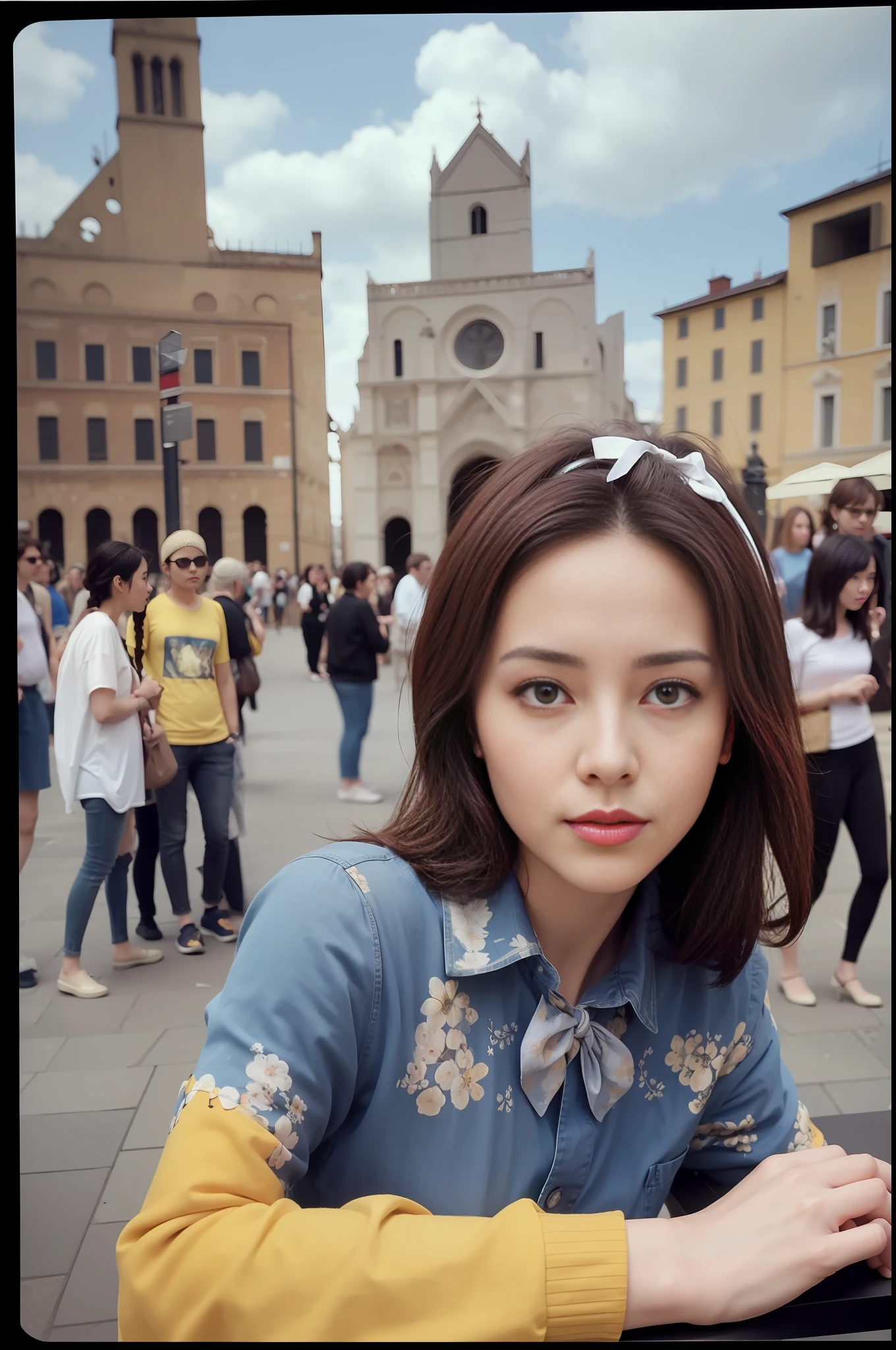 1 girl,(Piazza dei Miracoli background,crowd,crowd),navel,1 18-year-old girl),(upper body:1.2),(medium breasts),upper body,(realistic:1.7),((best quality)),absurdres,(ultra high res),(photorealistic:1.6),photorealistic,octane render,(hyperrealistic:1.2), (photorealistic face:1.2), (8k), (4k), (Masterpiece),(realistic skin texture), (illustration, cinematic lighting,wallpaper),( beautiful eyes:1.2),((((perfect face)))),(standing),(looking at viewer:1.2),(cute),(black hair),(braided ponytail:1.1),(bow hairband),(printed t-shirt:1.2),(red lips:1.1),outdoors,