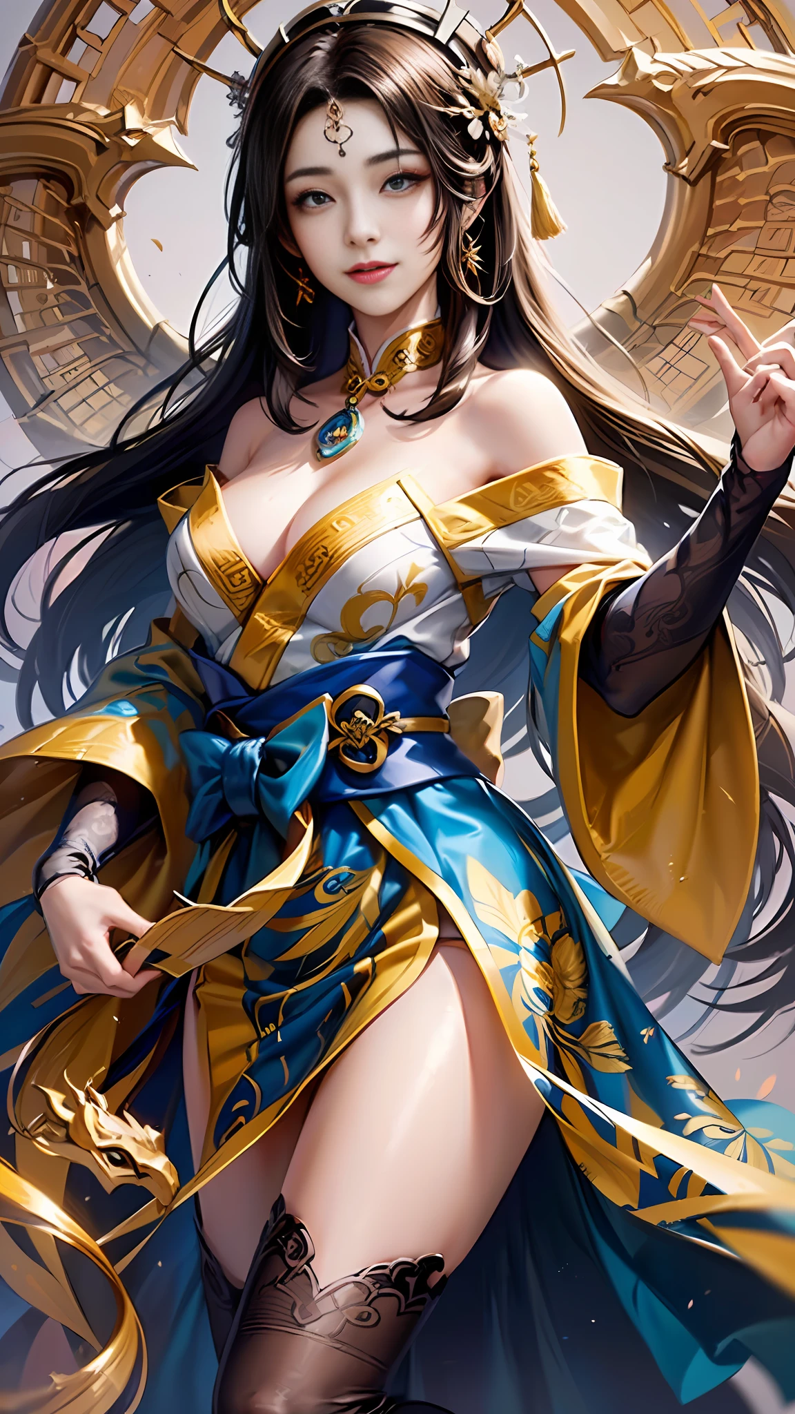Official Art, Unified 8k Wallpapers, ((Hyperrealism) (Surrealism)), (3D), Ultra Detailed, Beautiful and Aesthetic, Masterpiece, Best Quality, (Zentangle, Tangle, Entangle), (Fractal Art: 1.4), 1girl, Detailed Eyes, (Fine Skin, Diffused Skin Pores), ((Very Detailed Background, Very Detailed Face, (Very Detailed, Fine Detail, Intricate), Shallow Depth of Field, Diffuse Soft Light, (long hair), off-the-shoulder, long skirt, calf, very detailed, dynamic angle, cowboyshot, (most beautiful form of chaos), flowing, (bright colors), OC, (full body: 1.2), Chinese, (thangka flying sky: 1.5), (ribbon: 1.3), (dream: 1.5), (Hanfu: 1.5), Chinese dragon, Chinese phoenix, (smile: 0.5), (Chinese deity),
