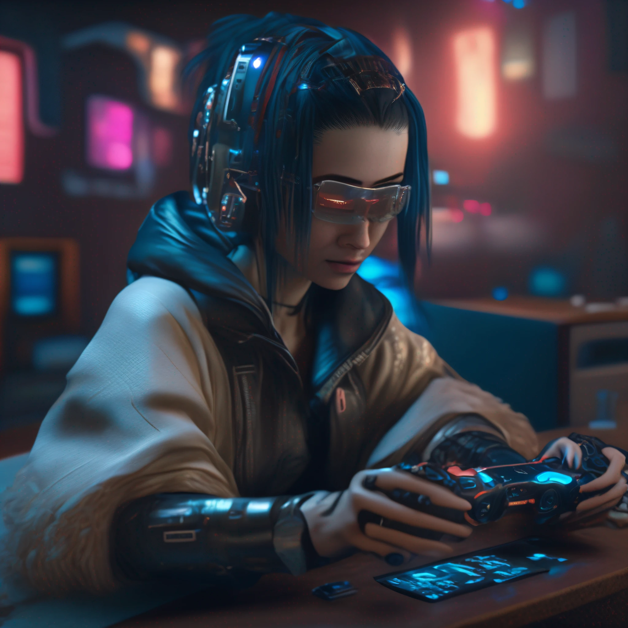 Mandona playing play station in cyberpunk metaverse, photorealism, 8k, Ultra high Quality
