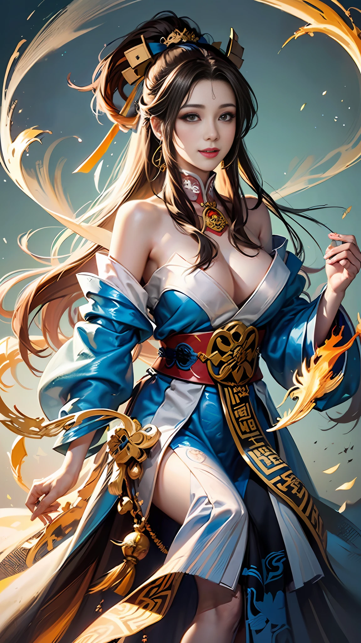 Official Art, Unified 8k Wallpapers, ((Hyperrealism) (Surrealism)), (3D), Ultra Detailed, Beautiful and Aesthetic, Masterpiece, Best Quality, (Zentangle, Tangle, Entangle), (Fractal Art: 1.4), 1girl, Detailed Eyes, (Fine Skin, Diffused Skin Pores), ((Very Detailed Background, Very Detailed Face, (Very Detailed, Fine Detail, Intricate), Shallow Depth of Field, Diffuse Soft Light, (long hair), off-the-shoulder, long skirt, calf, very detailed, dynamic angle, cowboyshot, (most beautiful form of chaos), flowing, (bright colors), OC, (full body: 1.2), Chinese, (thangka flying sky: 1.5), (ribbon: 1.3), (dream: 1.5), (Hanfu: 1.5), Chinese dragon, Chinese phoenix, (smile: 0.5), (Chinese deity),
