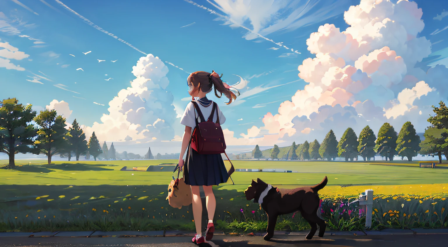 Summer, Little Fresh, Clouds, Anime Girl, Field, Puppy, Green Meadow, Art