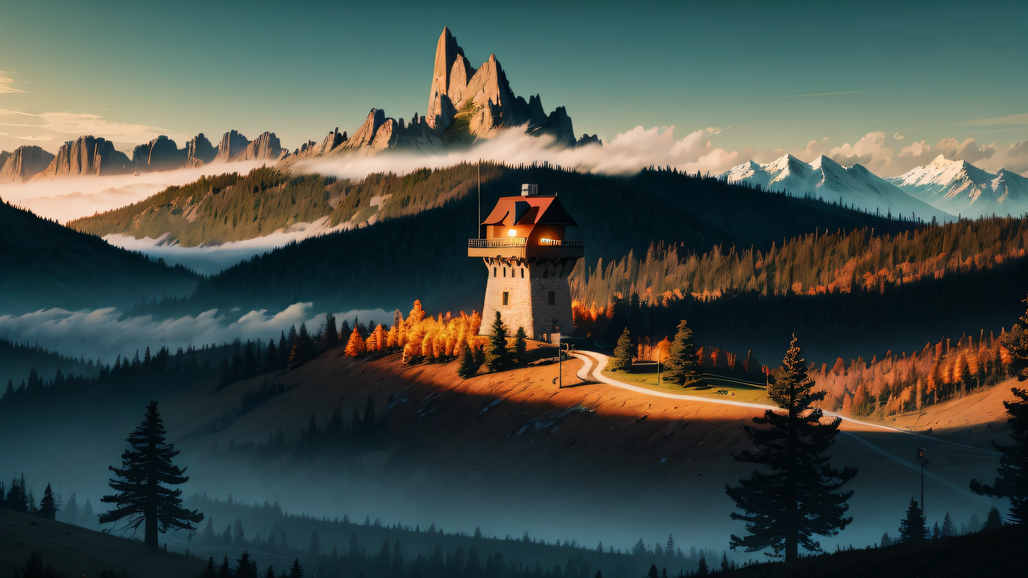 mountains and trees with a tower in the middle of them, firewatch, wallpaper 4k, wallpaper 4 k, concept art wallpaper 4k, hq 4k phone wallpaper, high quality wallpaper, 4 k hd illustrative wallpaper, 4 k wallpaper, 4k wallpaper, 3840x2160, 3840 x 2160