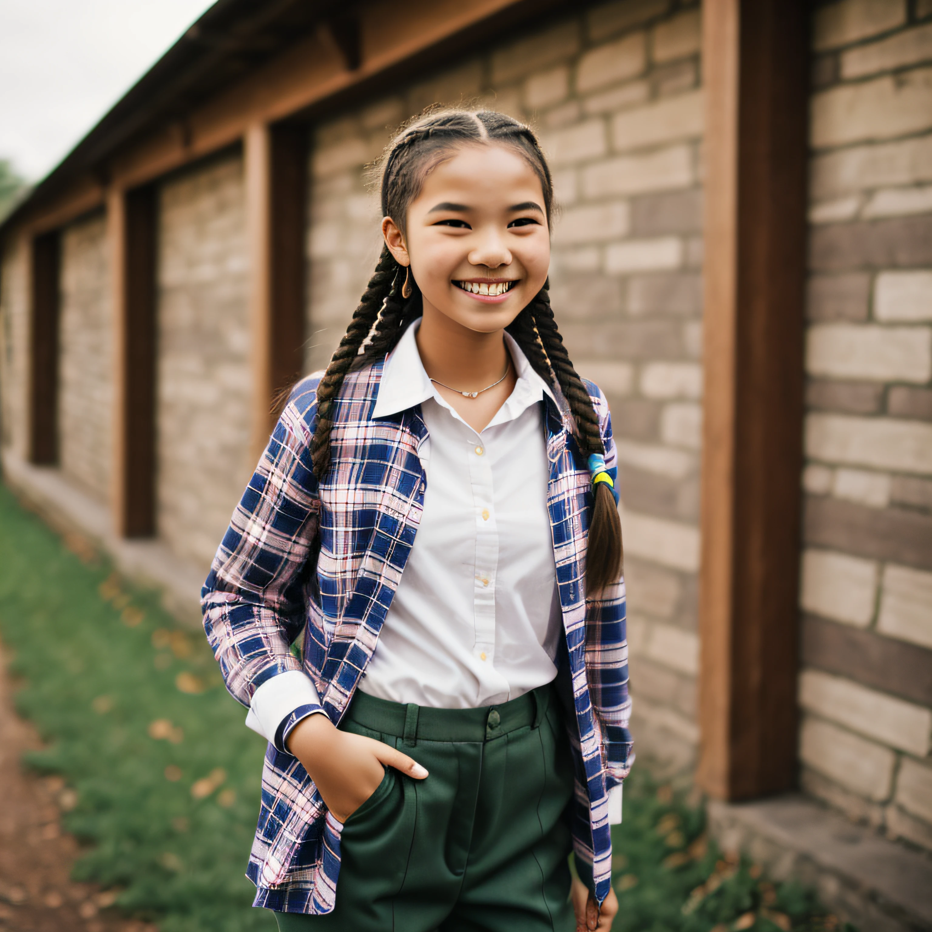 Fifteen or sixteen-year-old middle school girl, student, wearing twisted braids, plaid shirts and brown trousers, with a happy expression and full of anticipation for the future. --auto