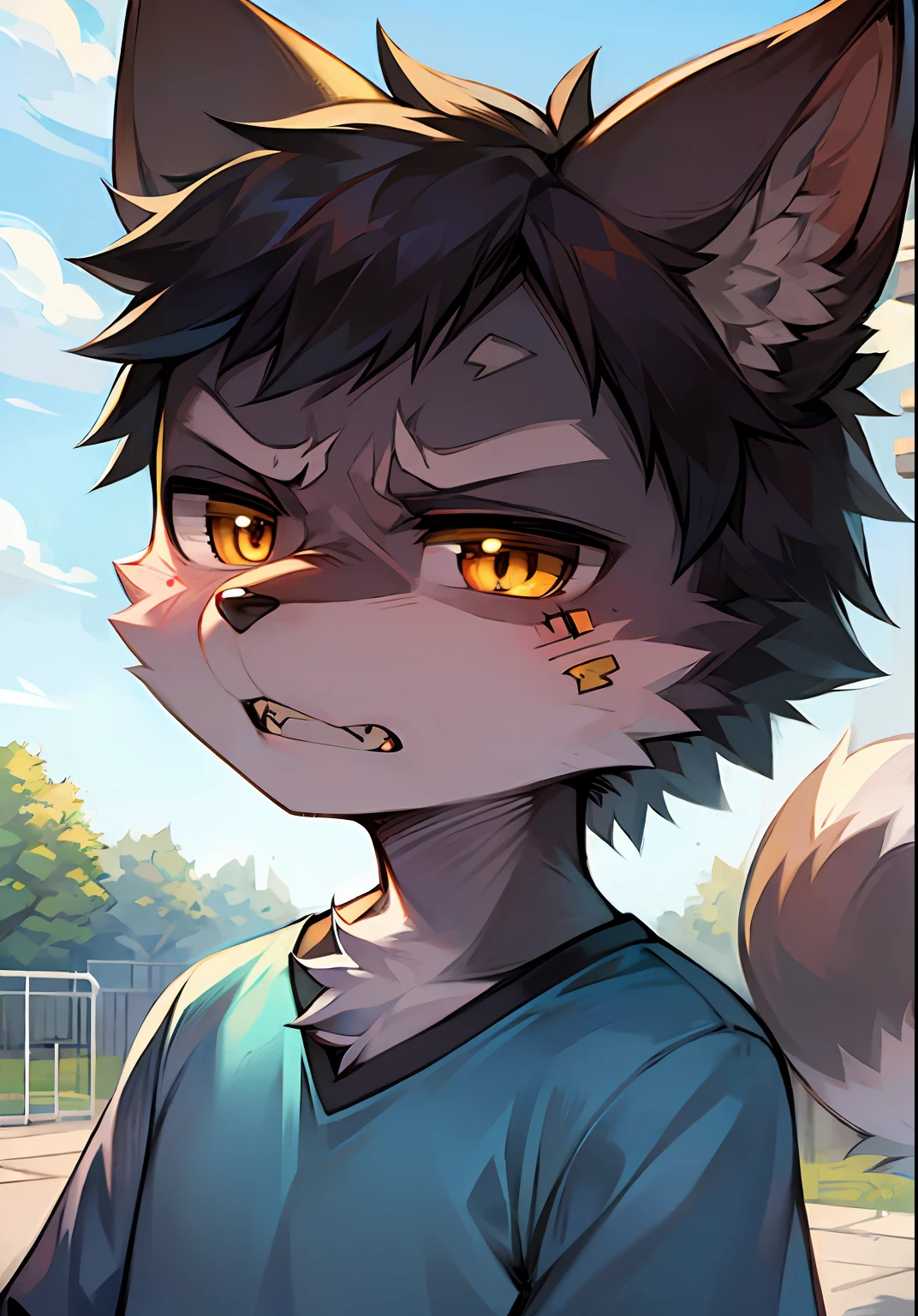 Masterpiece, high-quality portrait, furry, Furry, Body Fur, cute, Q version, single, little black wolf, yellow fur, black eyes, yellow iris, black pupils, band-aid on forehead, abrasions on face, angry face, canine teeth, lone child boy, juvenile, cub, on the playground, bust photo, pair of black ears, blue shirt, selling cute, boy, bust photo, character focus, black tail, looking at the screen, milky and cute, pouting face