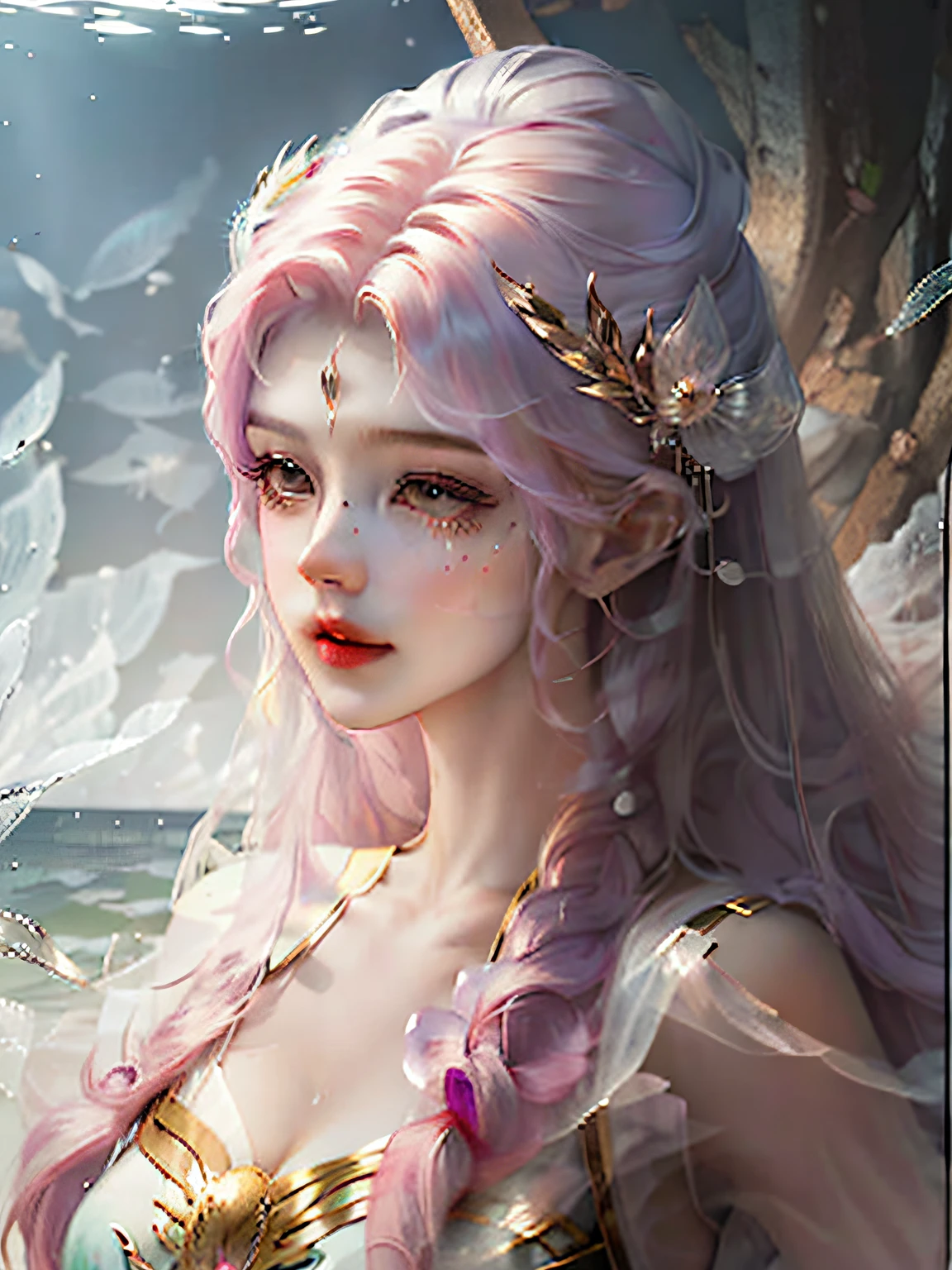 A beautiful woman with a jellyfish head, surrounded by the bottom of the sea