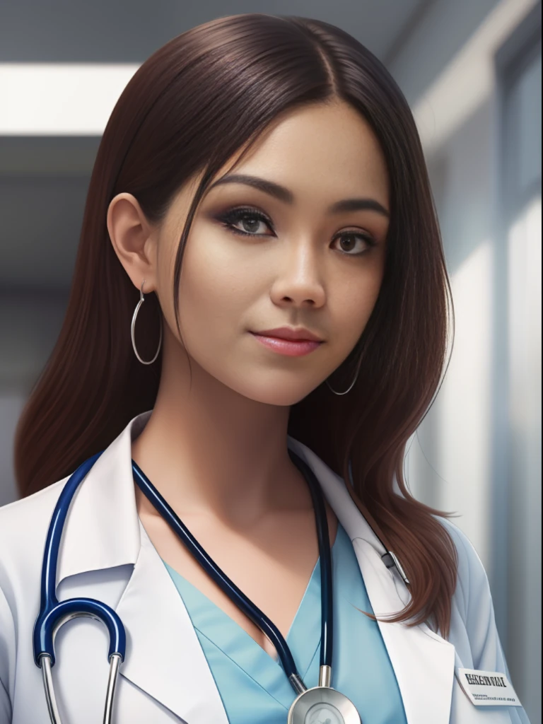 A beautiful female doctor in a white coat, Wearing a stethoscope in a medical laboratory, smile, parted lips, Eye-Level Shot, f/1.2, 135mm, Nikon, cinematic lighting, chiaroscuro, backlighting, drop shadow, film grain, Classicism, Hyperrealism, anatomically correct, textured skin, super detail, high details, high quality, award winning, best quality, highres, 16k, masterpiece, masterpiece, masterpiece, UHD
