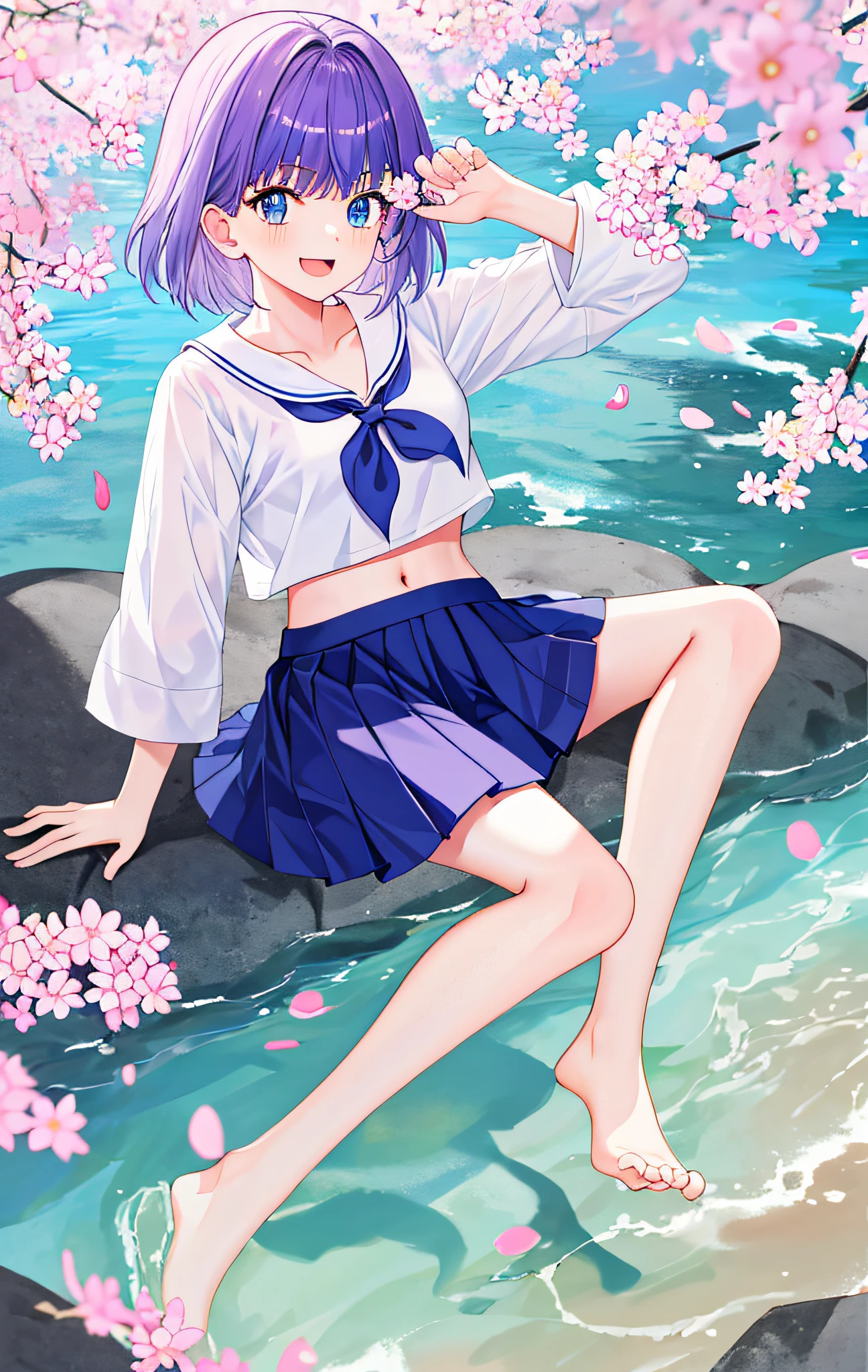 1girl, :d, artist_name, ass, bangs, bare_legs, bare_tree, barefoot, blue_eyes, blue_hair, blue_ribbon, blue_sailor_collar, blue_skirt, blue_sky, blunt_bangs, blush, bow, braid, branch, breasts, cherry_blossoms, closed_mouth, collarbone, crop_top, daisy, dango, day, eyebrows_visible_through_hair, falling_petals, feet, floating_hair, floral_background, flower, hair_bow, hair_ribbon, hanami, hand_up, holding, holding_flower, in_tree, in_water, knees_up, legs, long_hair, long_sleeves, looking_at_viewer, medium_breasts, midriff, midriff_peek, miniskirt, mole, navel, neckerchief, no_bra, no_panties, open_mouth, outdoors, parted_lips, partially_submerged, petals, petals_on_liquid, pink_flower, pleated_skirt, plum_blossoms, pond, purple_flower, ribbon, ripples, sailor_collar, sanshoku_dango, school_uniform, see-through, serafuku, shallow_water, shirt, shoes, sidelocks, silver_hair, sitting, skirt, smile, soles, solo, spring_\(season\), stomach, thighs, toenails, toes, tree, very_long_hair, water, wet, wet_clothes, white_flower, white_hair, white_shirt, wisteria