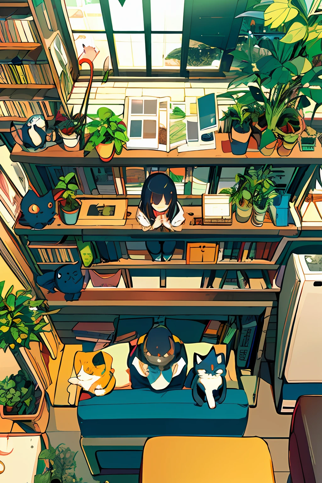 girl, from above, plant, black hair, cat, indoors, holding, long sleeve, long hair, stuffed cat, potted plant, book, food, window, phone, loaded interior, television, short hair, on the back, stuffed animal, bangs, slippers, barefoot, sitting, bookcase, shelf, cable, computer