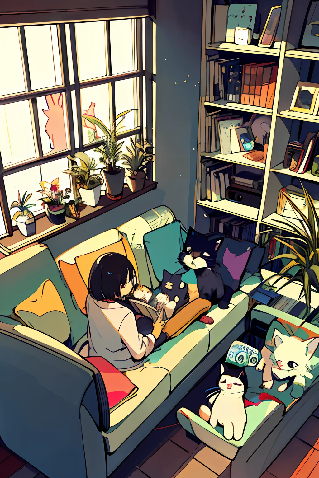 girl, from above, plant, black hair, cat, indoors, holding, long sleeve, long hair, stuffed cat, potted plant, book, food, window, phone, loaded interior, television, short hair, on the back, stuffed animal, bangs, slippers, barefoot, sitting, bookcase, shelf, cable, computer