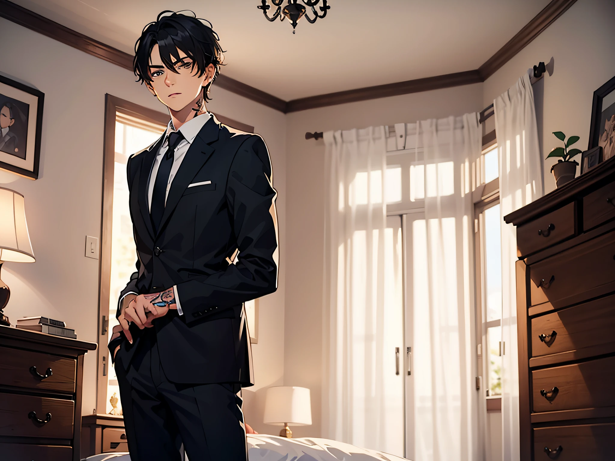A handsome boy, 20 years old, standing in the bedroom, with a serious expression, looking at the camera, delicate facial features, hair is middle, wearing a black suit shirt, neck and arm tattoos