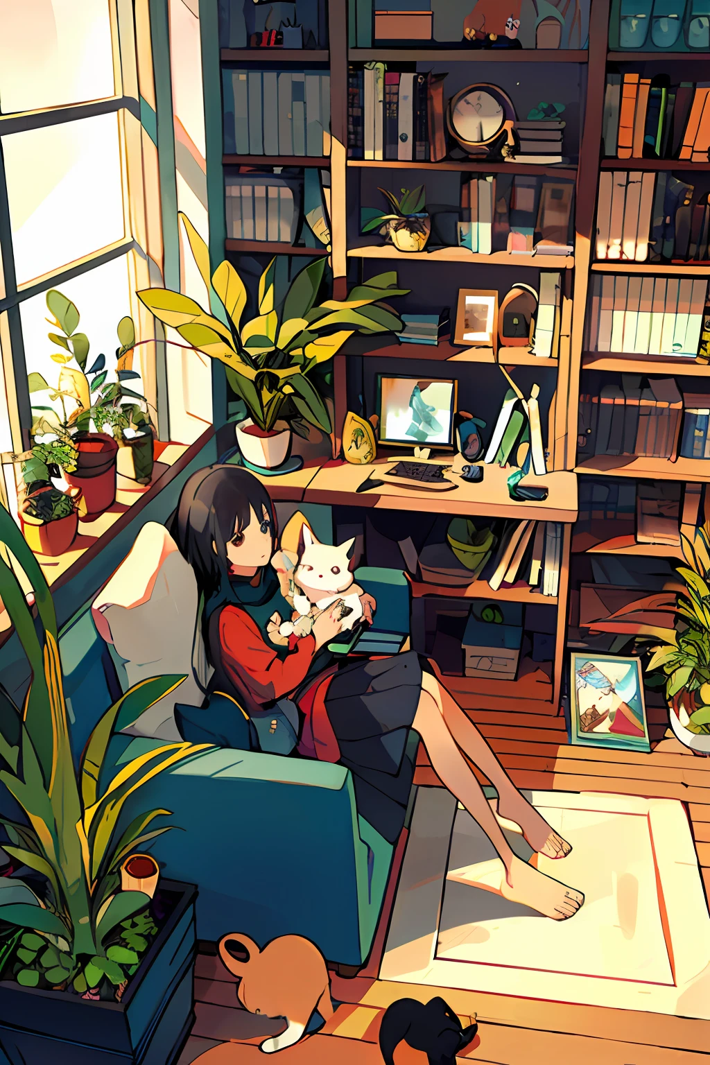 girl, from above, plant, black hair, cat, indoors, holding, long sleeve, long hair, stuffed cat, potted plant, book, food, window, phone, loaded interior, television, short hair, on the back, stuffed animal, bangs, slippers, barefoot, sitting, bookcase, shelf, cable, computer