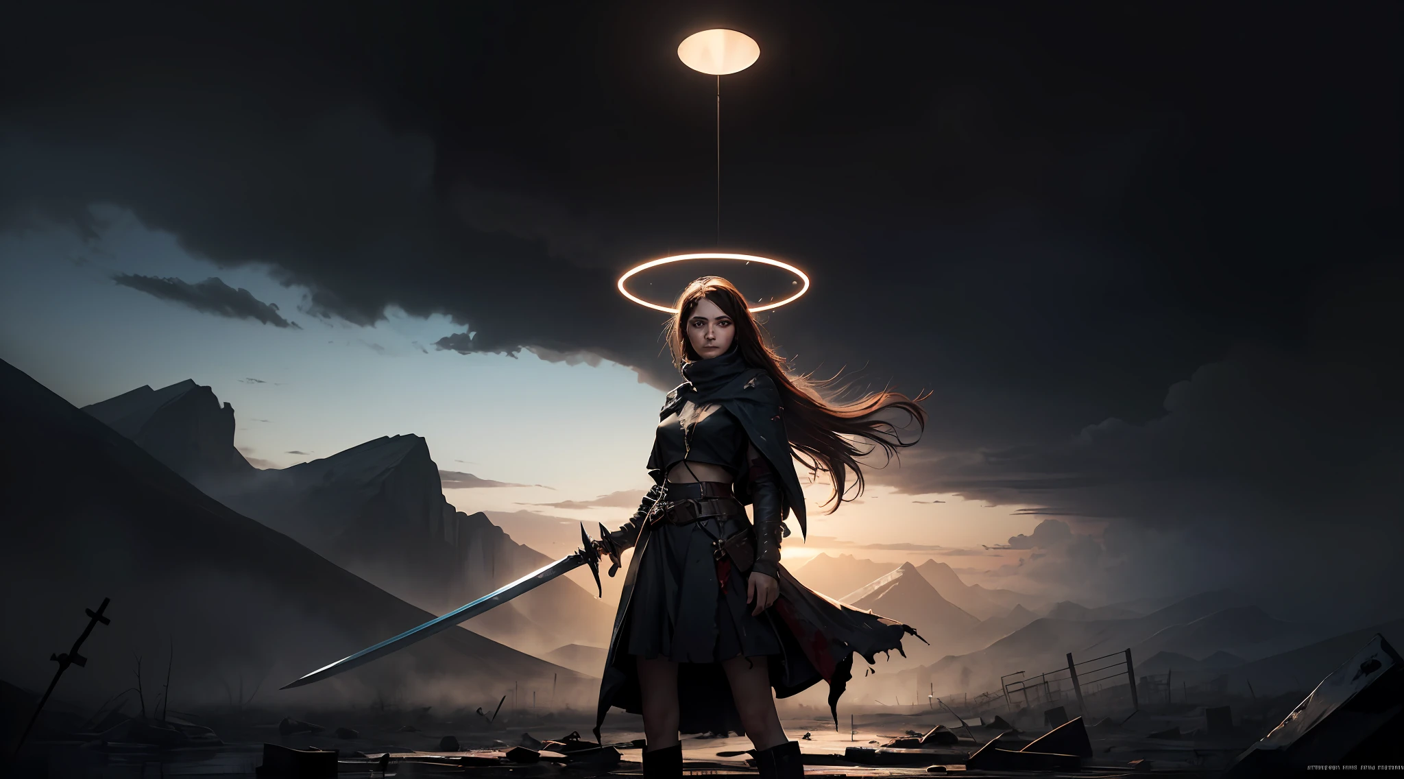 A chilling image of a desolate landscape veiled in darkness. The girl stands alone in an oppressive and barren environment, surrounded by shattered remnants of a broken world. The atmosphere is heavy with a sense of isolation and despair. Her disheveled hair and tattered clothing add to the somber mood. She clutches a blood-stained sword in her hand, a symbol of past battles and the harsh realities she has faced. The broken halo hangs above her, casting a dim light on the scene. Capture this scene in a mixed media artwork style, incorporating both painting and digital techniques to depict the texture and depth of the environment. wlop